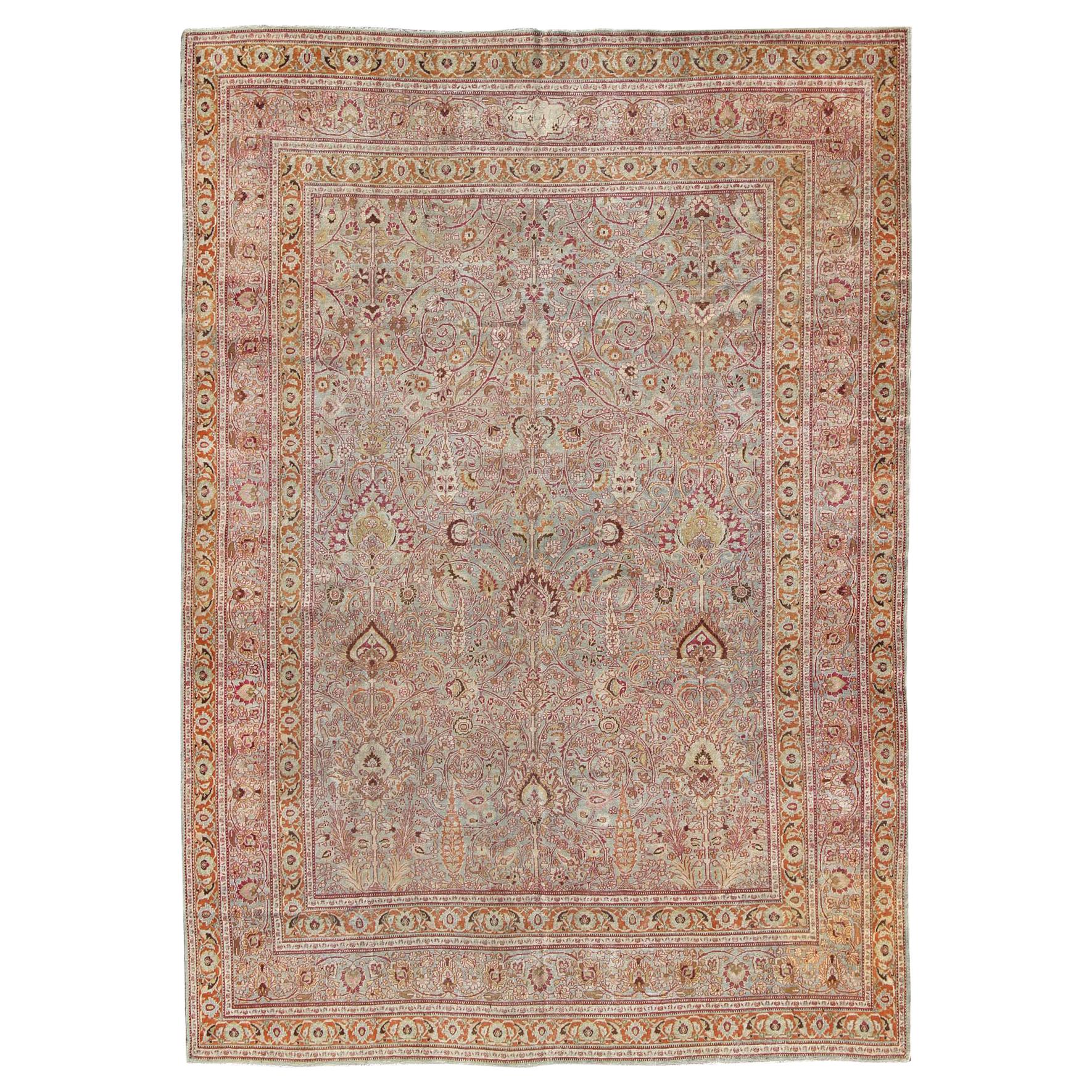 Antique Persian Khorassan Rug with All-Over Floral Design in Orange, Red, Pink