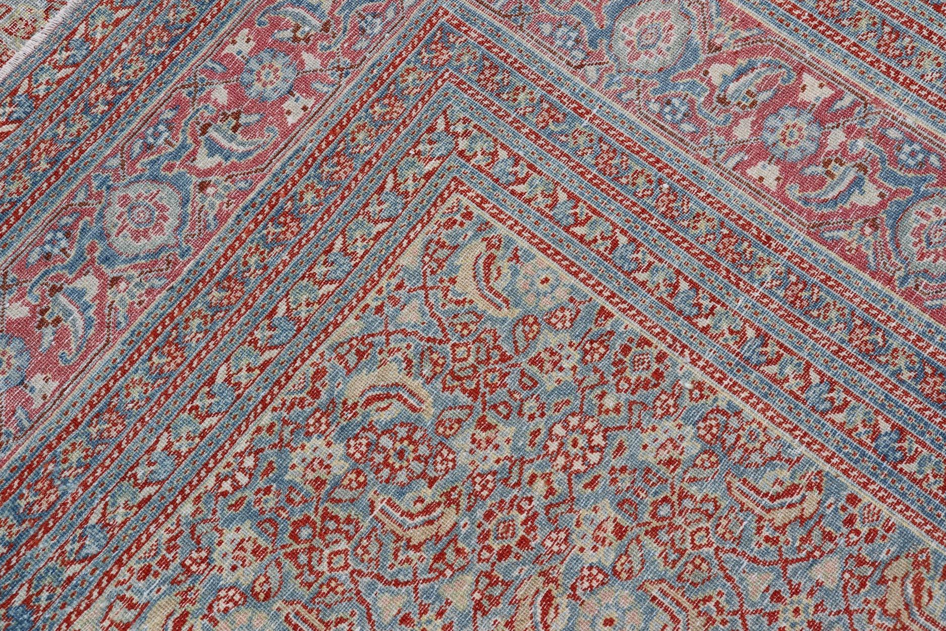 Antique Persian Khorassan Rug with All-Over Floral Design in Red and Blue For Sale 6