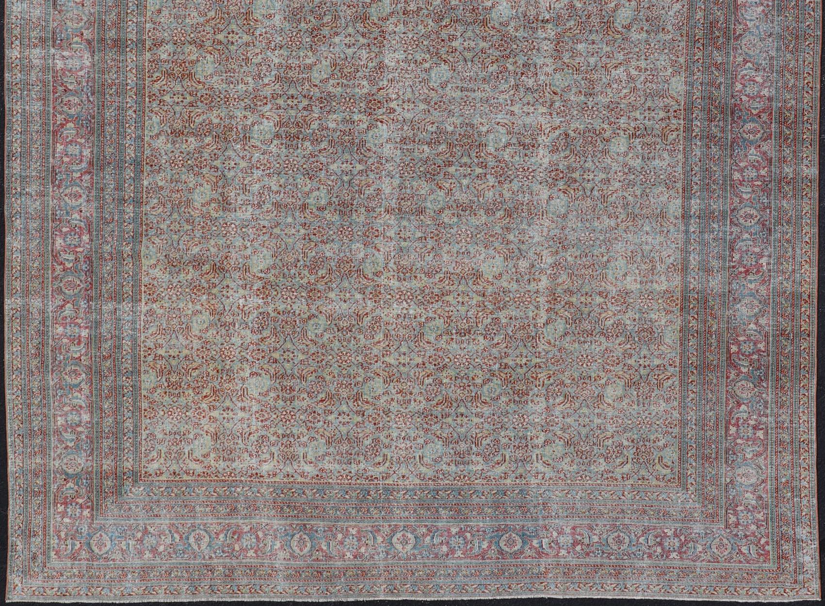 Hand-Knotted Antique Persian Khorassan Rug with All-Over Floral Design in Red and Blue For Sale