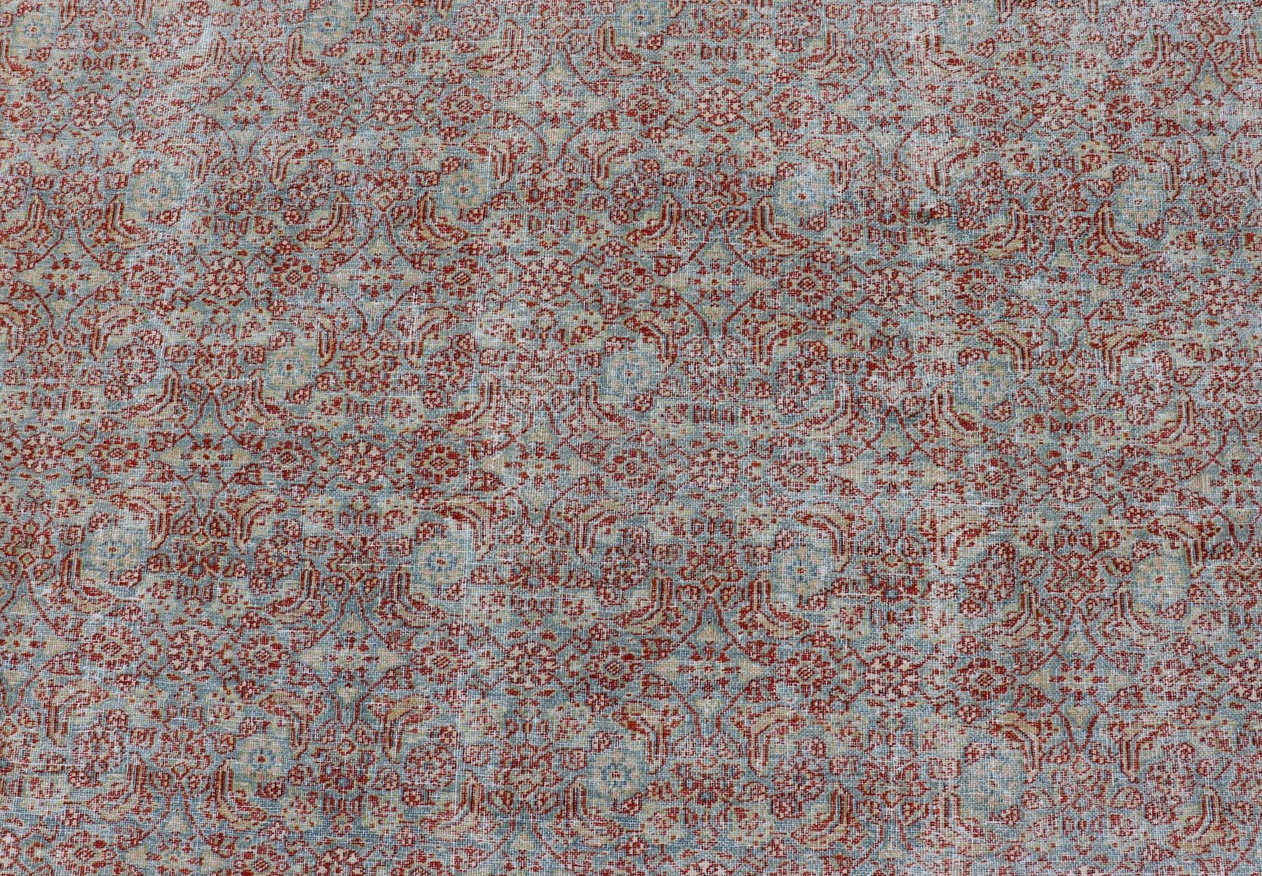 Wool Antique Persian Khorassan Rug with All-Over Floral Design in Red and Blue For Sale