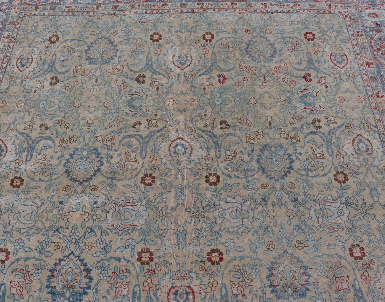  Antique Persian Khorassan Rug with Floral Design in Honey Cream & Dusty Blue For Sale 3