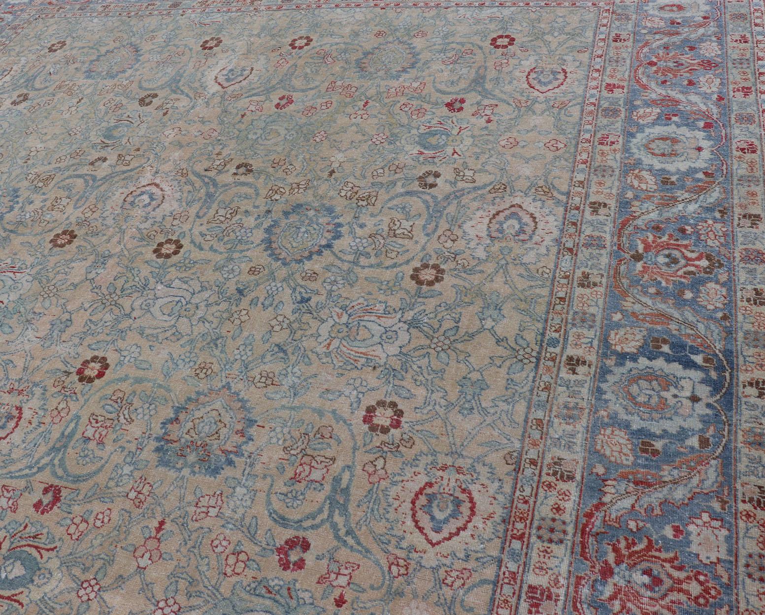  Antique Persian Khorassan Rug with Floral Design in Honey Cream & Dusty Blue For Sale 4