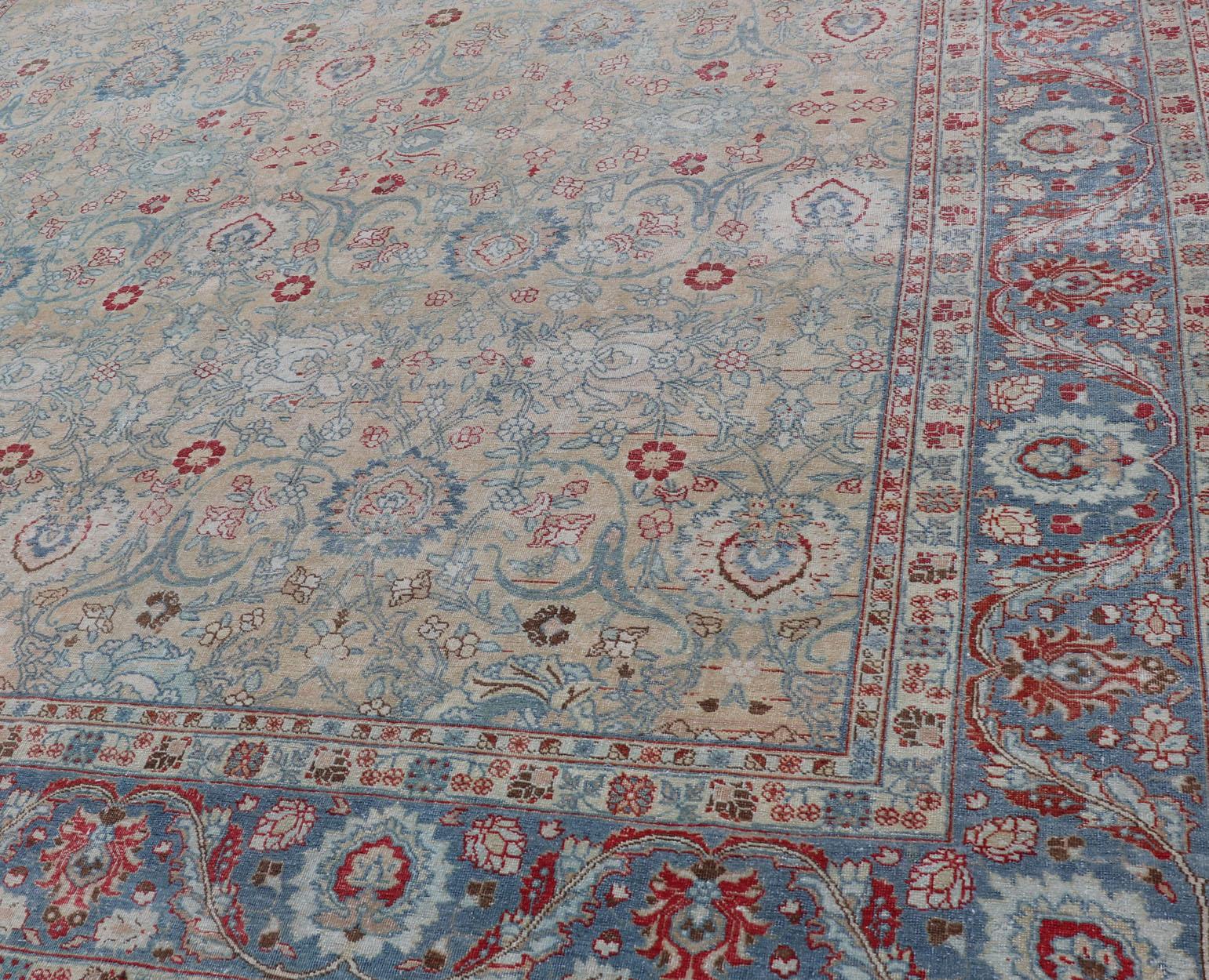  Antique Persian Khorassan Rug with Floral Design in Honey Cream & Dusty Blue For Sale 5