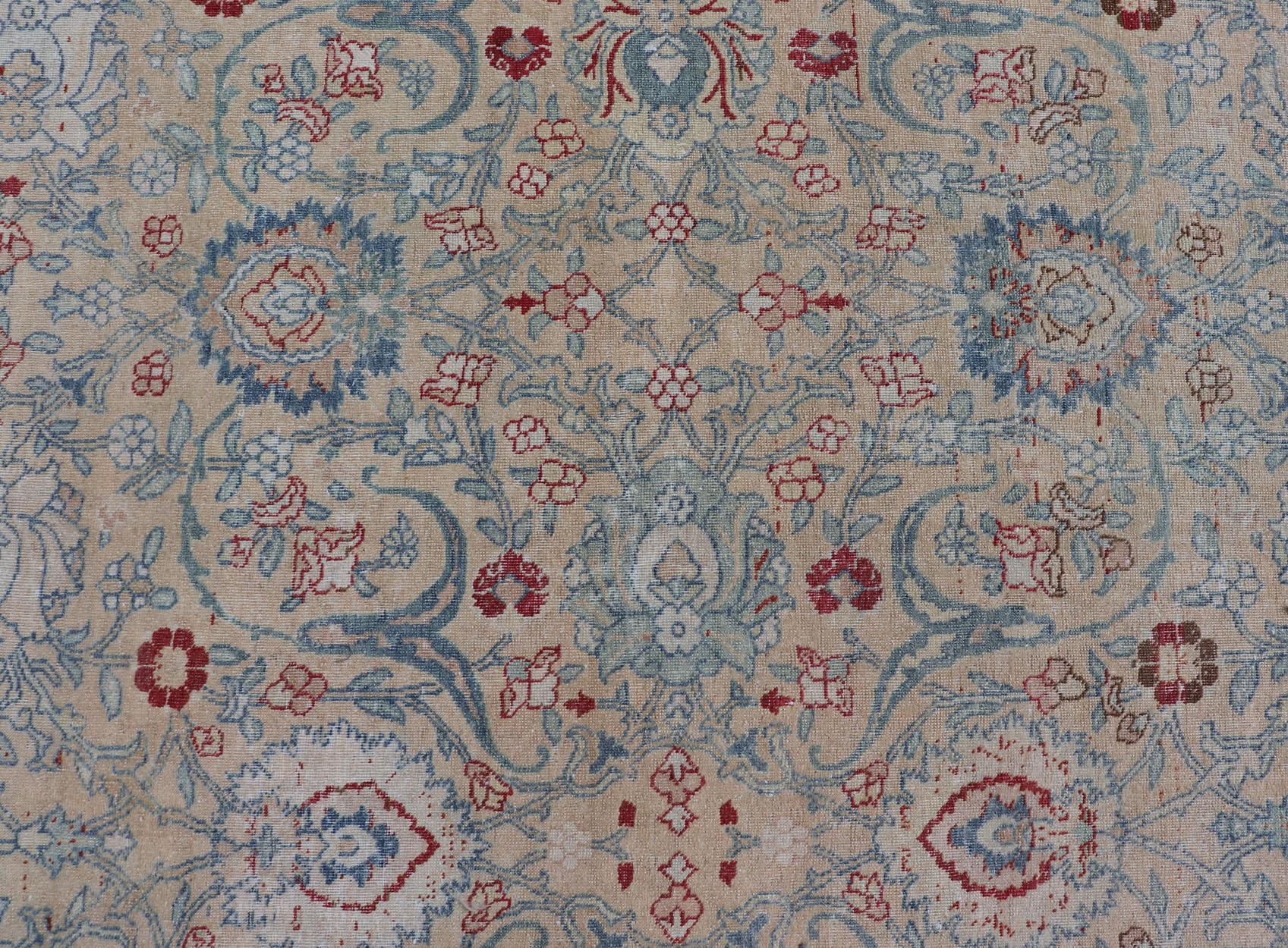  Antique Persian Khorassan Rug with Floral Design in Honey Cream & Dusty Blue For Sale 6