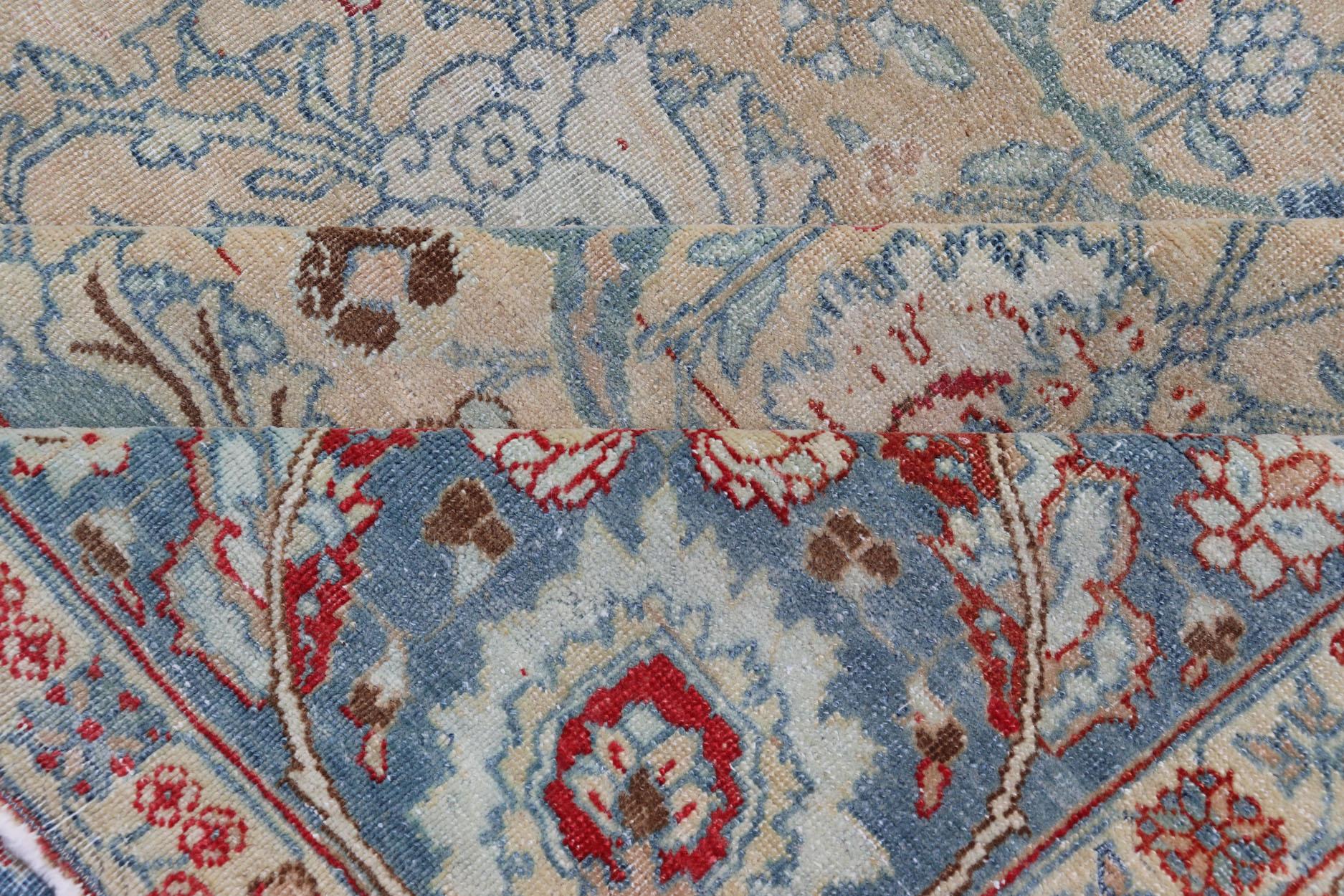  Antique Persian Khorassan Rug with Floral Design in Honey Cream & Dusty Blue For Sale 7