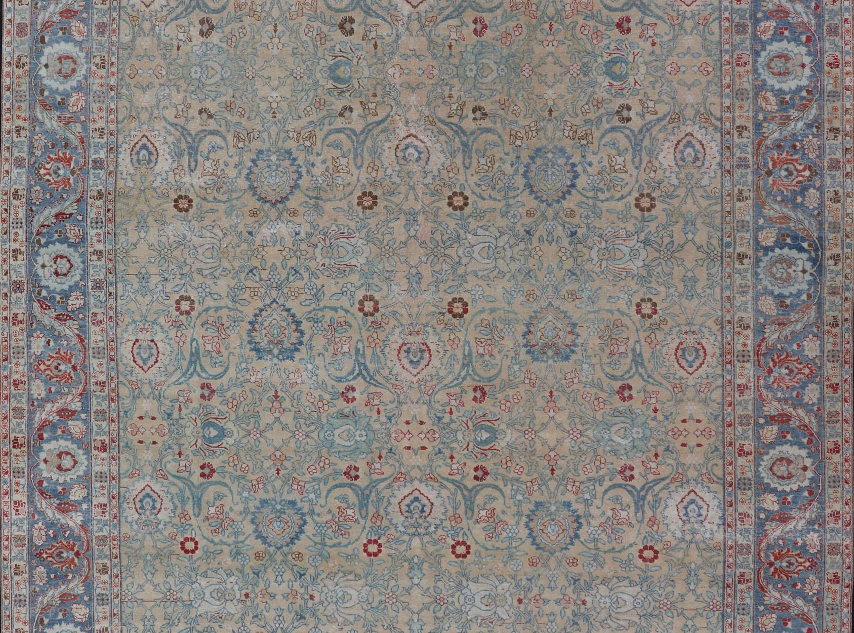 Sultanabad  Antique Persian Khorassan Rug with Floral Design in Honey Cream & Dusty Blue For Sale