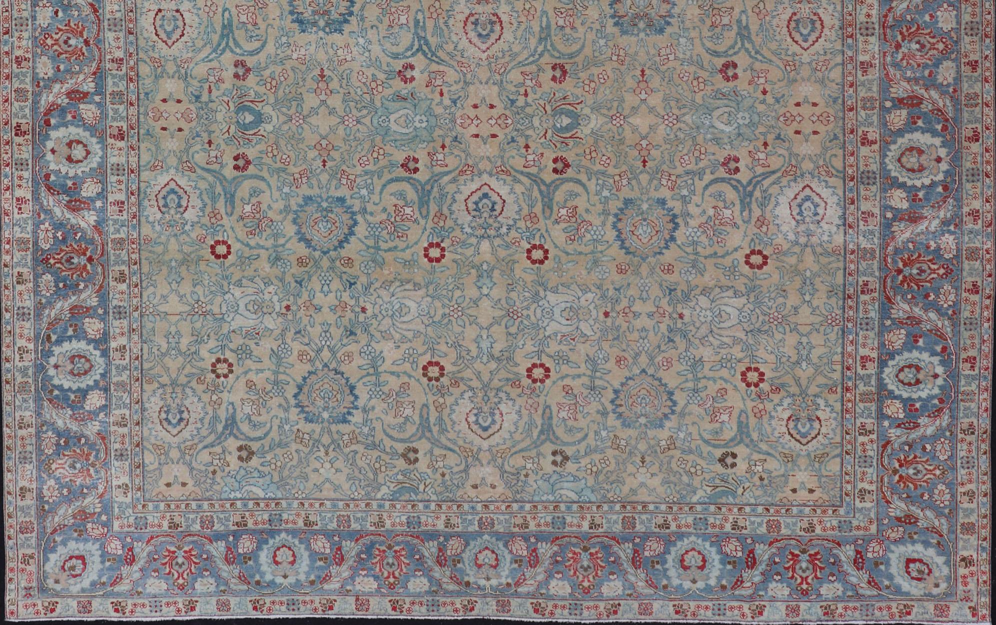 Hand-Knotted  Antique Persian Khorassan Rug with Floral Design in Honey Cream & Dusty Blue For Sale