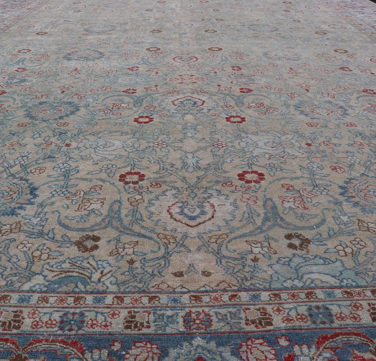  Antique Persian Khorassan Rug with Floral Design in Honey Cream & Dusty Blue In Good Condition For Sale In Atlanta, GA