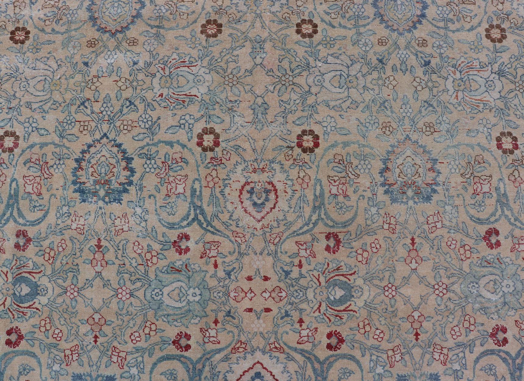20th Century  Antique Persian Khorassan Rug with Floral Design in Honey Cream & Dusty Blue For Sale
