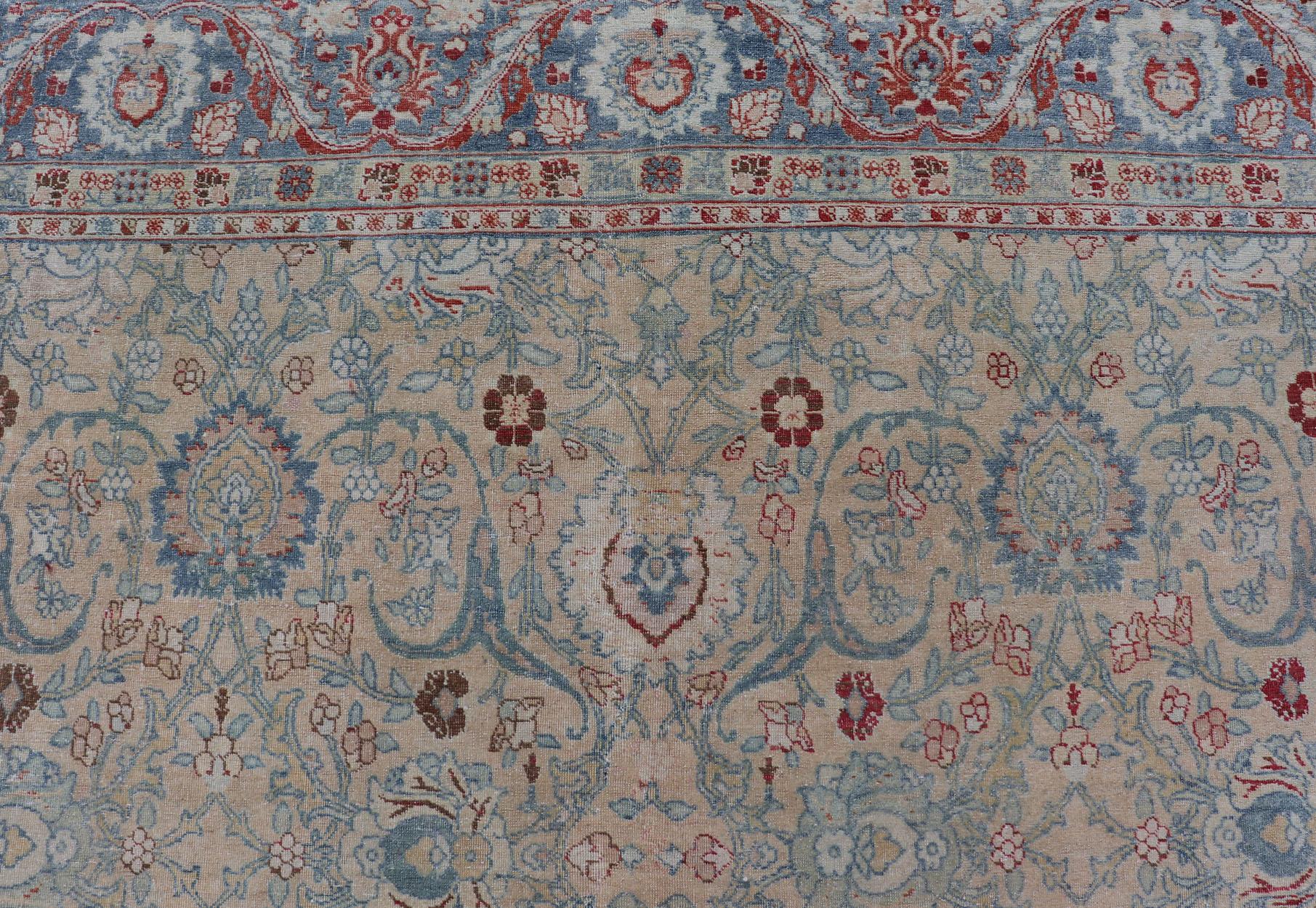 Wool  Antique Persian Khorassan Rug with Floral Design in Honey Cream & Dusty Blue For Sale