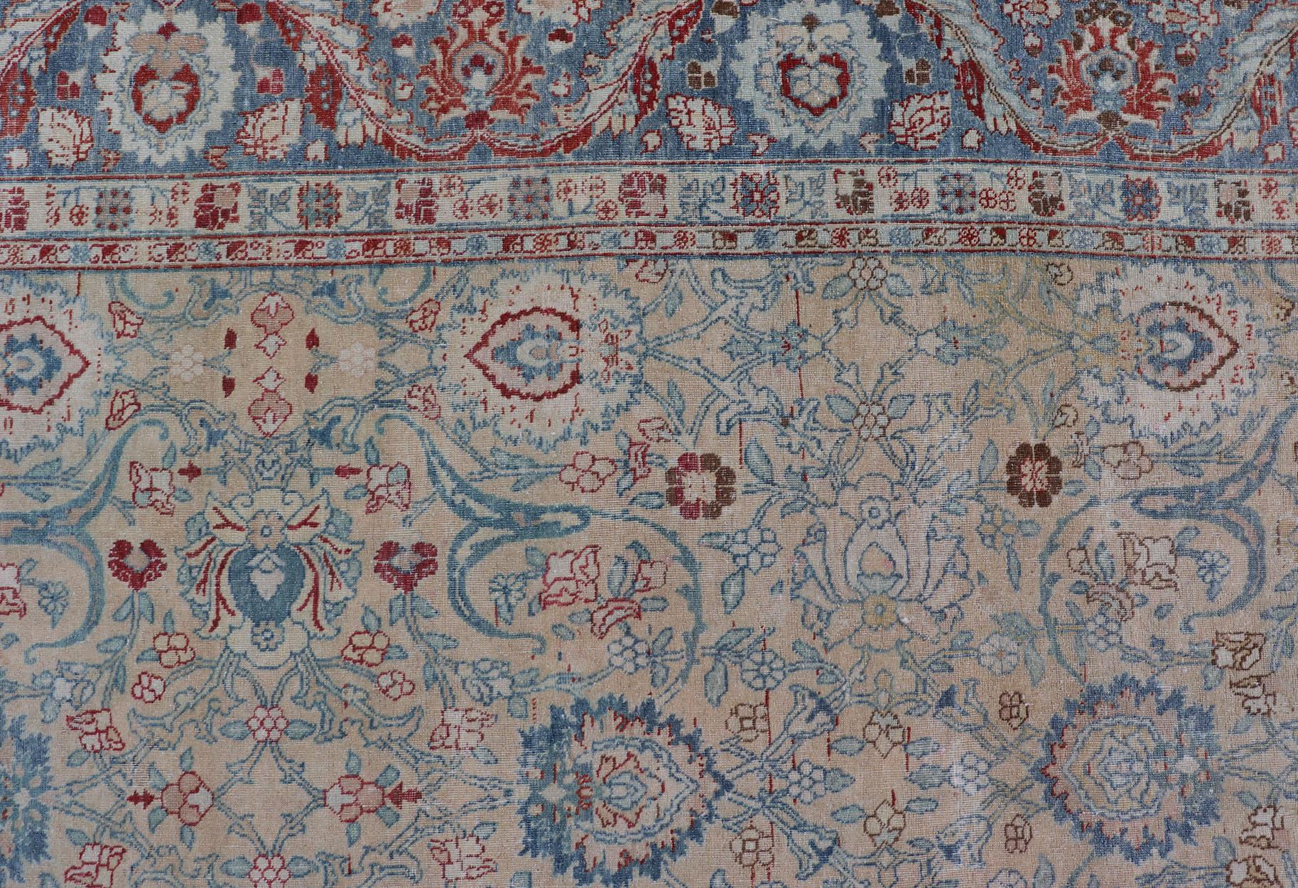  Antique Persian Khorassan Rug with Floral Design in Honey Cream & Dusty Blue For Sale 1