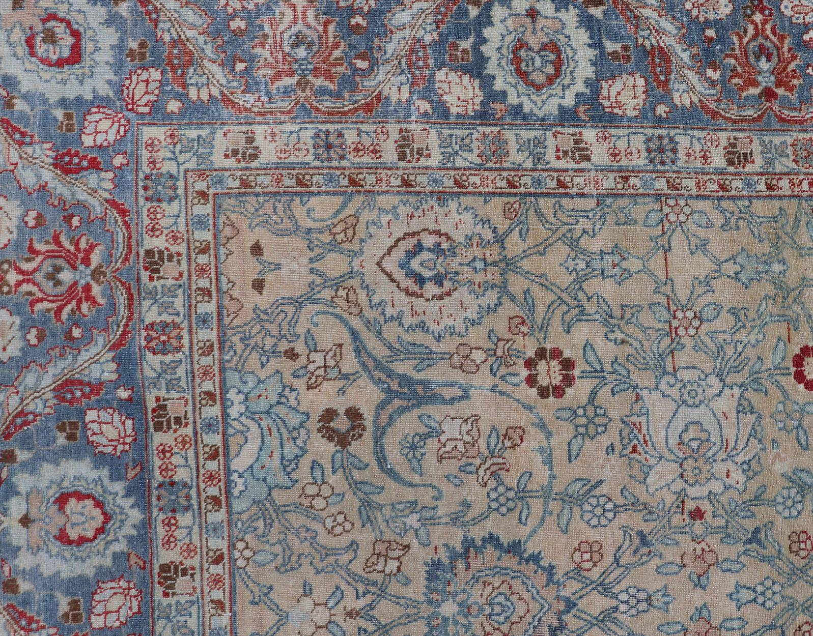  Antique Persian Khorassan Rug with Floral Design in Honey Cream & Dusty Blue For Sale 2