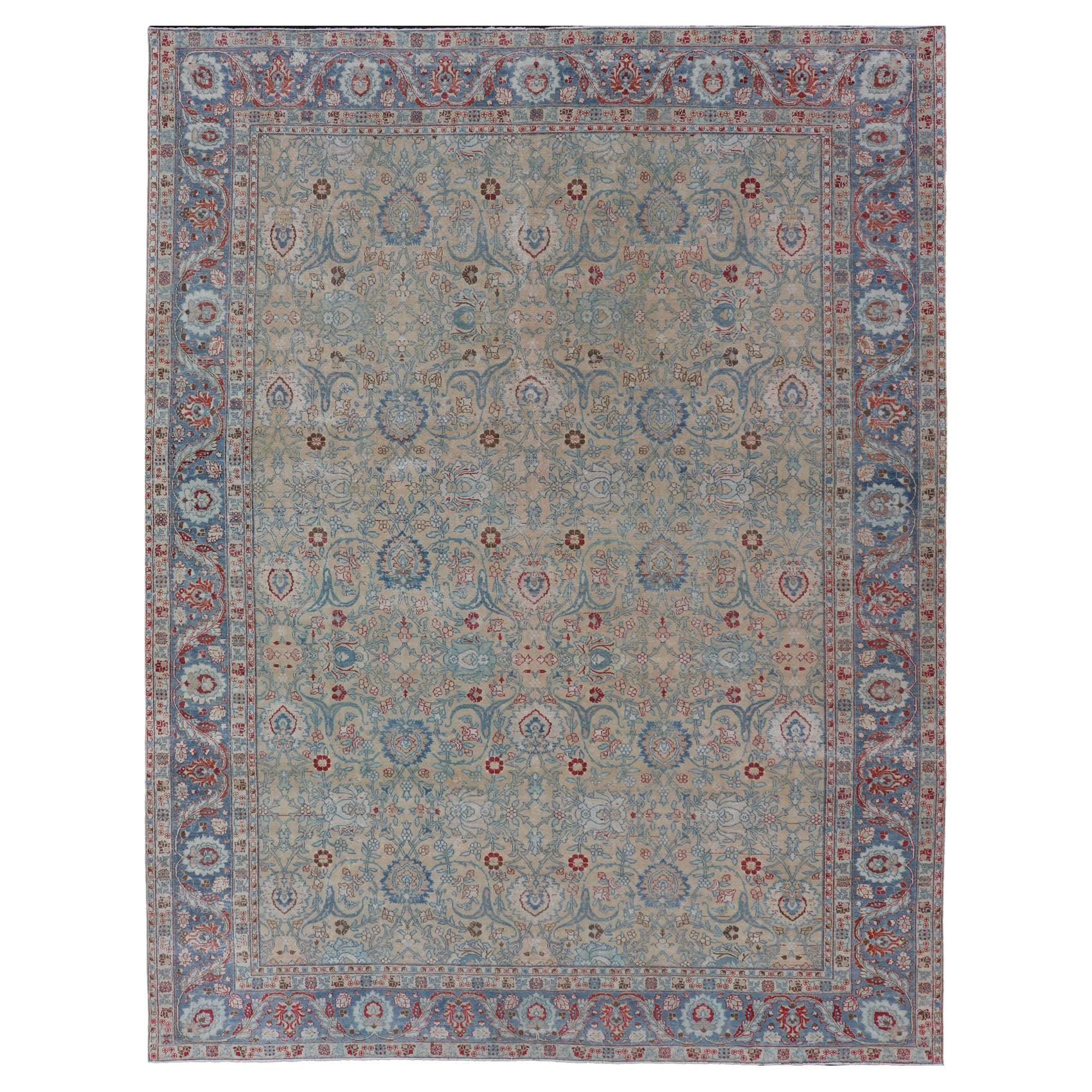  Antique Persian Khorassan Rug with Floral Design in Honey Cream & Dusty Blue For Sale