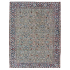  Antique Persian Khorassan Rug with Floral Design in Honey Cream & Dusty Blue
