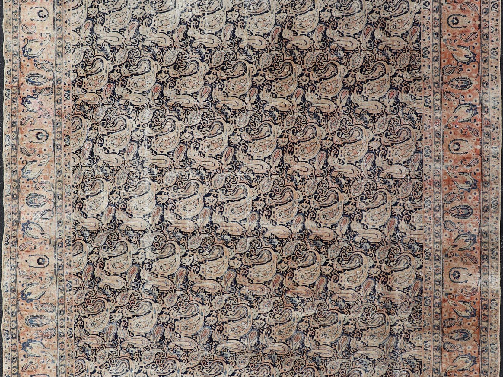 Noué à la main Tapis persan ancien du Khorassan à motif cachemire complexe sur l'ensemble 9'8 x 12'11 en vente