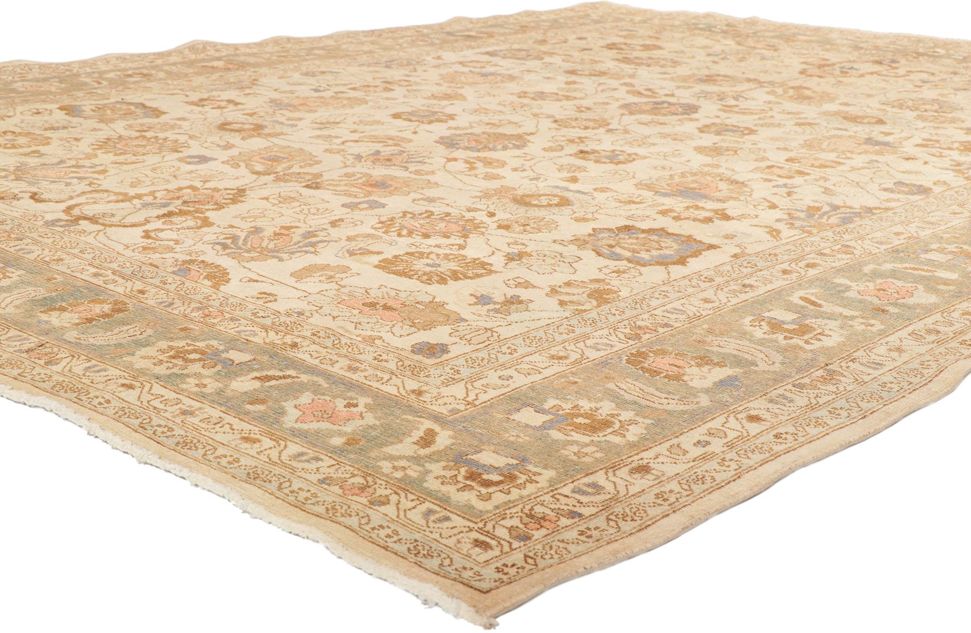 53773 Antique Persian Khorassan rug with Grandmillennial Style 08'02 x 11'03. Take a timeless, tailored design, mix in a dash of romantic connotations and soft colors to get this fresh look that’s as comfortable as it is chic. Soft, bespoke vibes