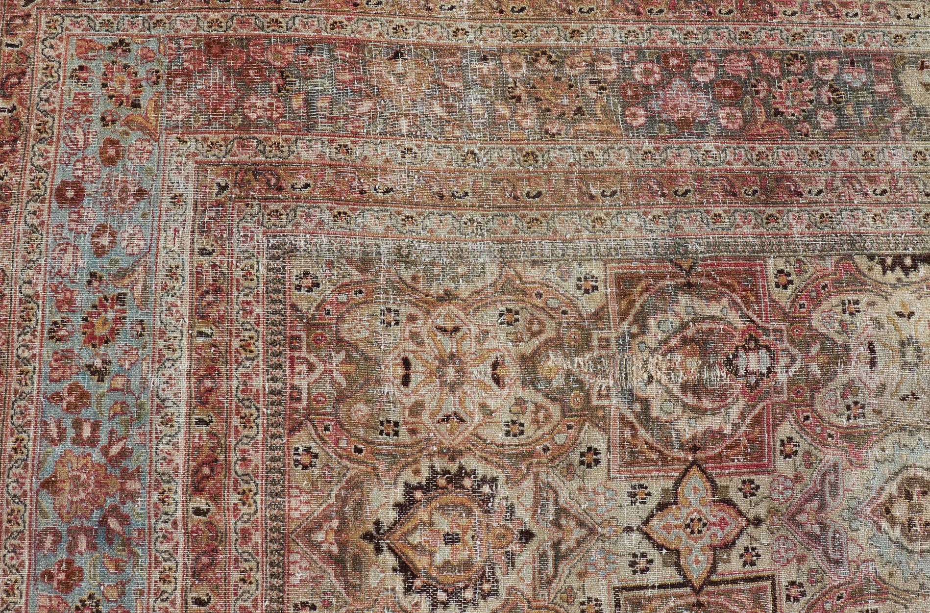 Antique Persian Khorassan Rug with Palmettes, Geometric Flowers in Soft Tones For Sale 7