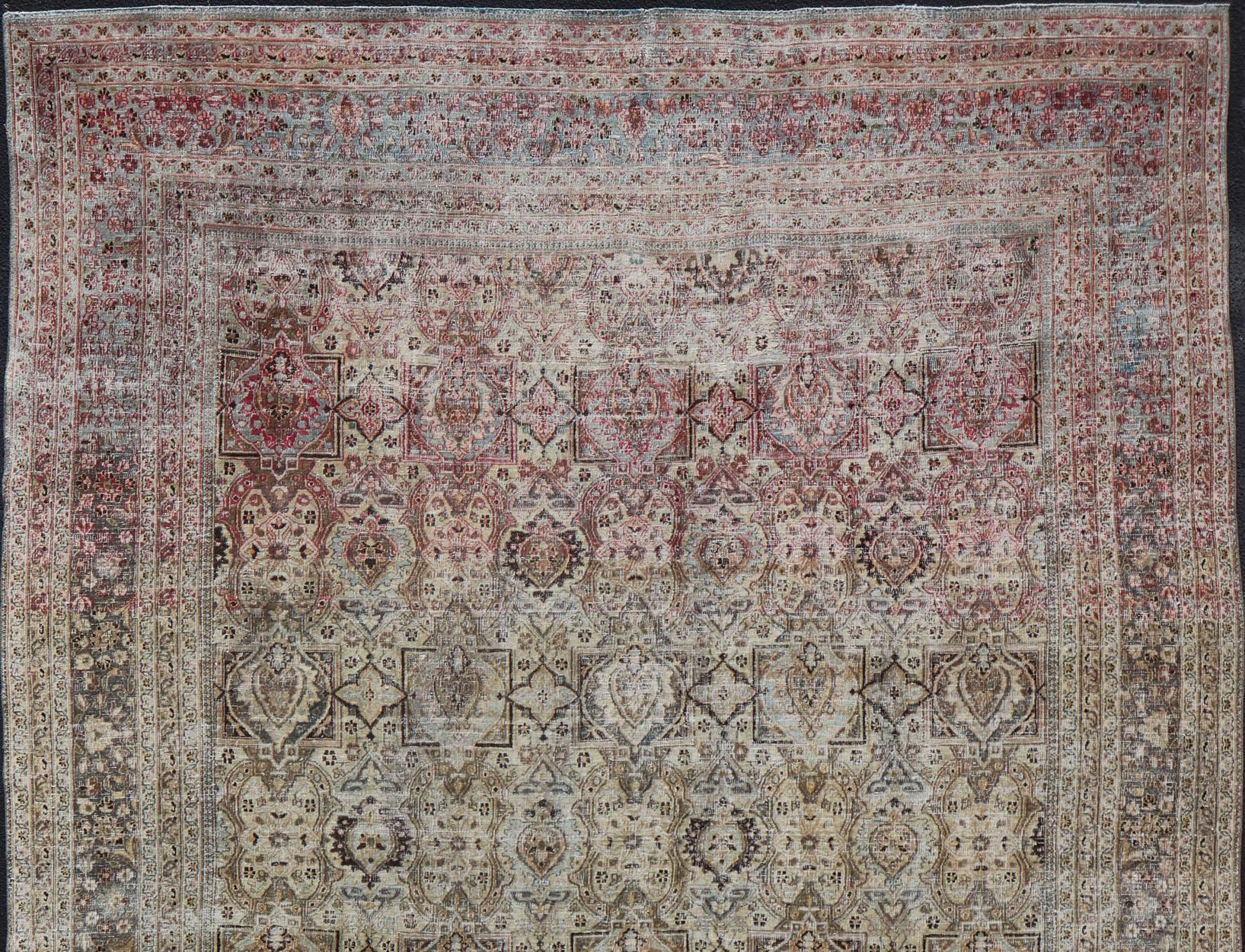 Hand-Knotted  Antique Persian Khorassan Rug with Palmettes, Geometric Flowers in Soft Tones For Sale