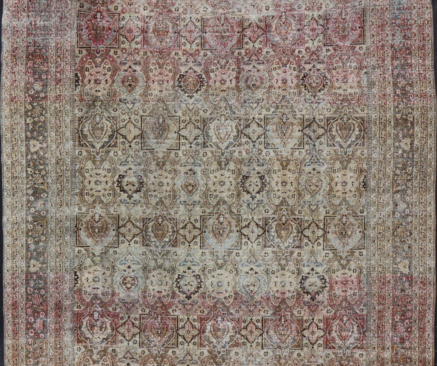  Antique Persian Khorassan Rug with Palmettes, Geometric Flowers in Soft Tones In Distressed Condition For Sale In Atlanta, GA