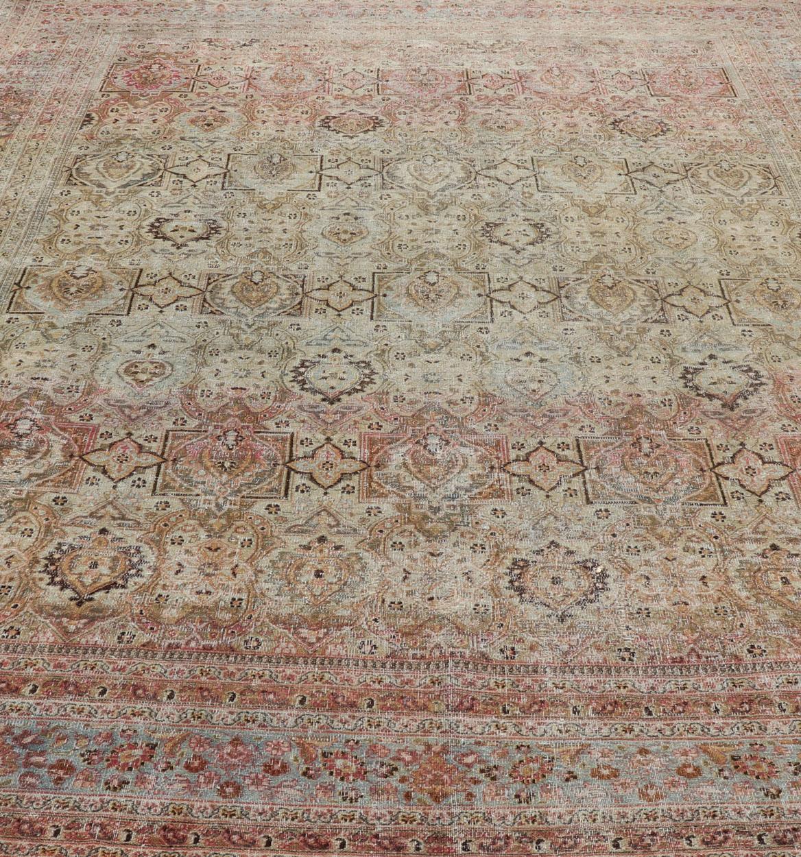  Antique Persian Khorassan Rug with Palmettes, Geometric Flowers in Soft Tones For Sale 1