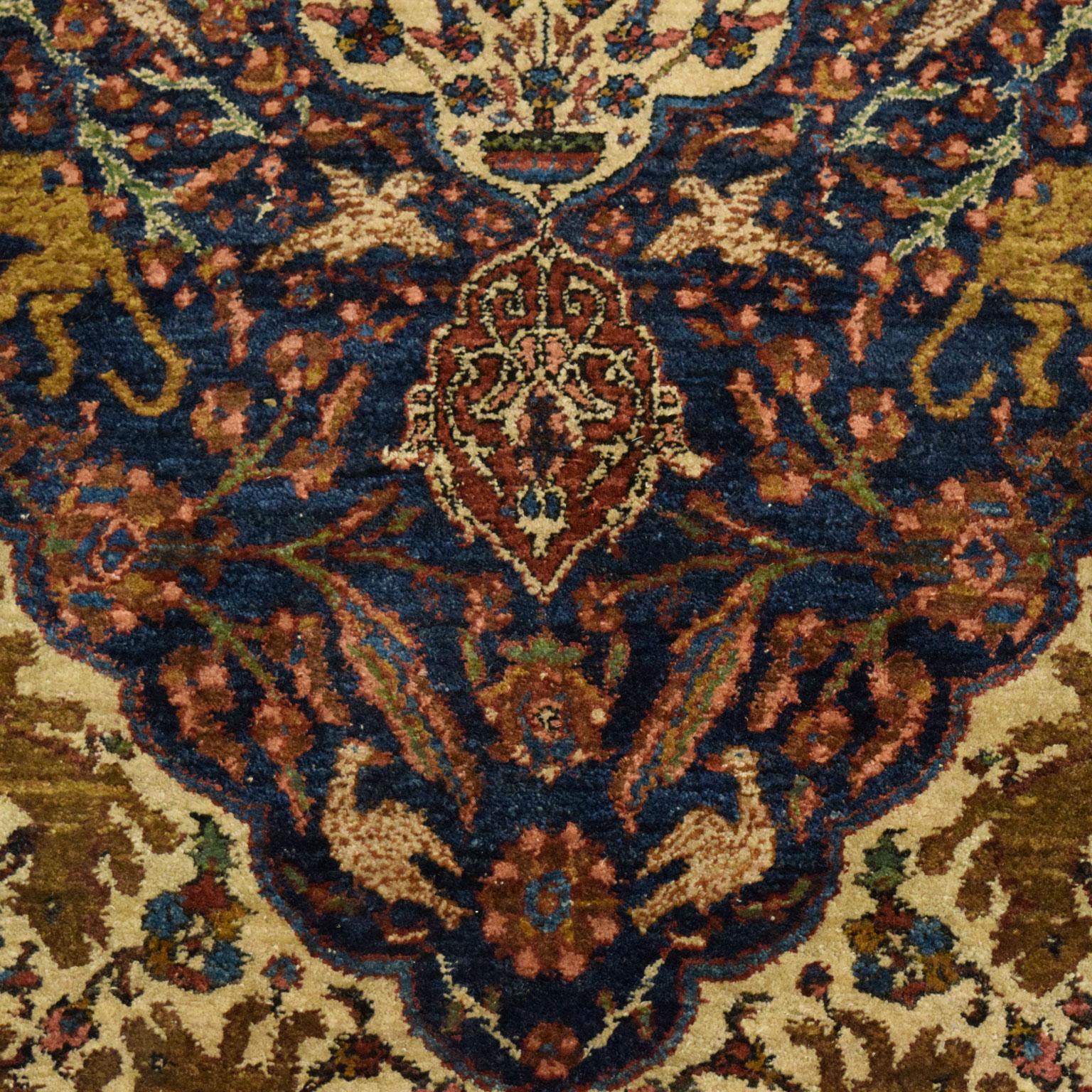 Tabriz Antique 1900s Wool Persian Khoy Rug in Cream, Green, and Indigo, 5' x 8' For Sale