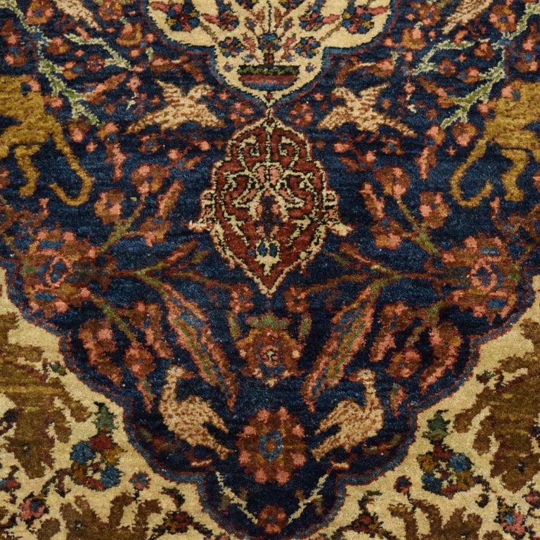 Tabriz Antique Persian Khoy Carpet in Cream, Green, and Indigo Wool For Sale
