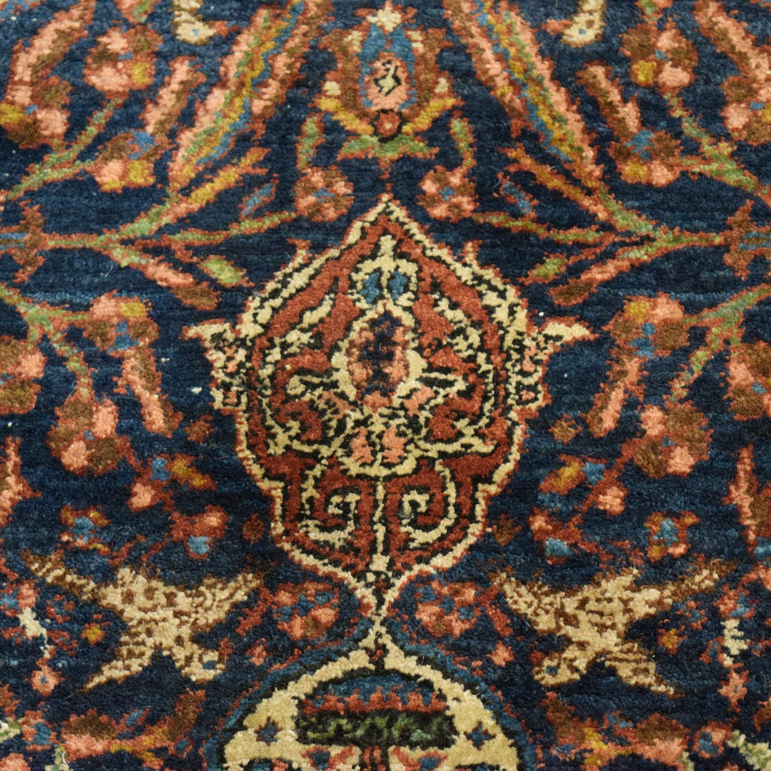 Vegetable Dyed Antique 1900s Wool Persian Khoy Rug in Cream, Green, and Indigo, 5' x 8' For Sale