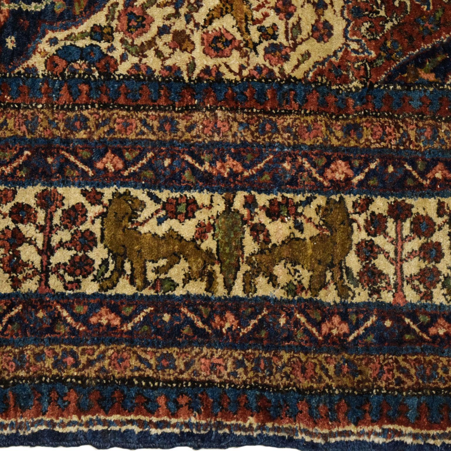 Early 20th Century Antique 1900s Wool Persian Khoy Rug in Cream, Green, and Indigo, 5' x 8' For Sale