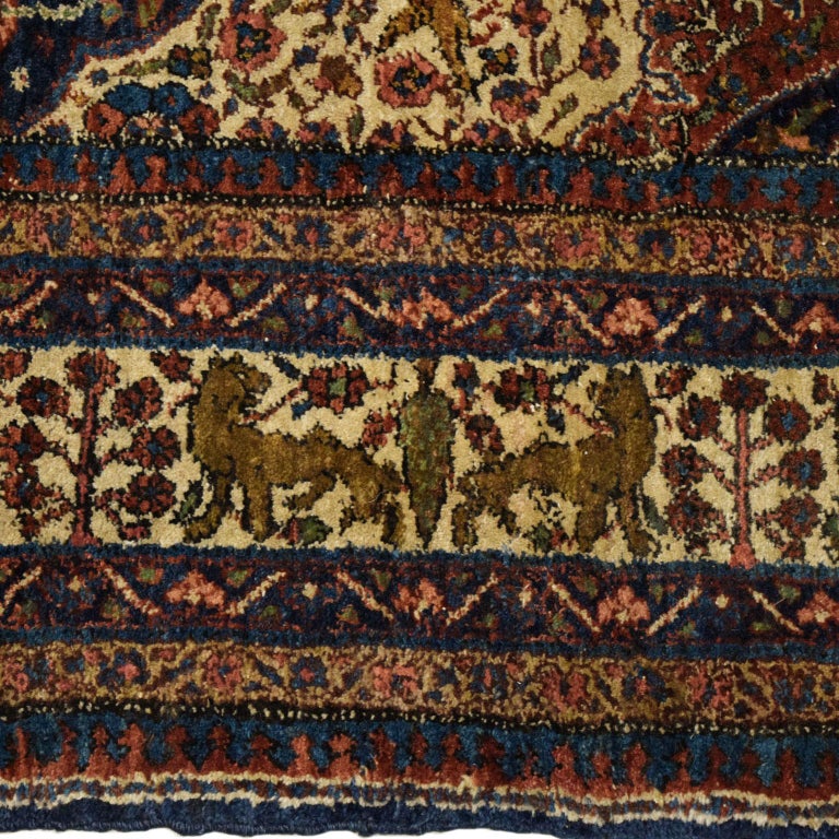 Early 20th Century Antique Persian Khoy Carpet in Cream, Green, and Indigo Wool For Sale