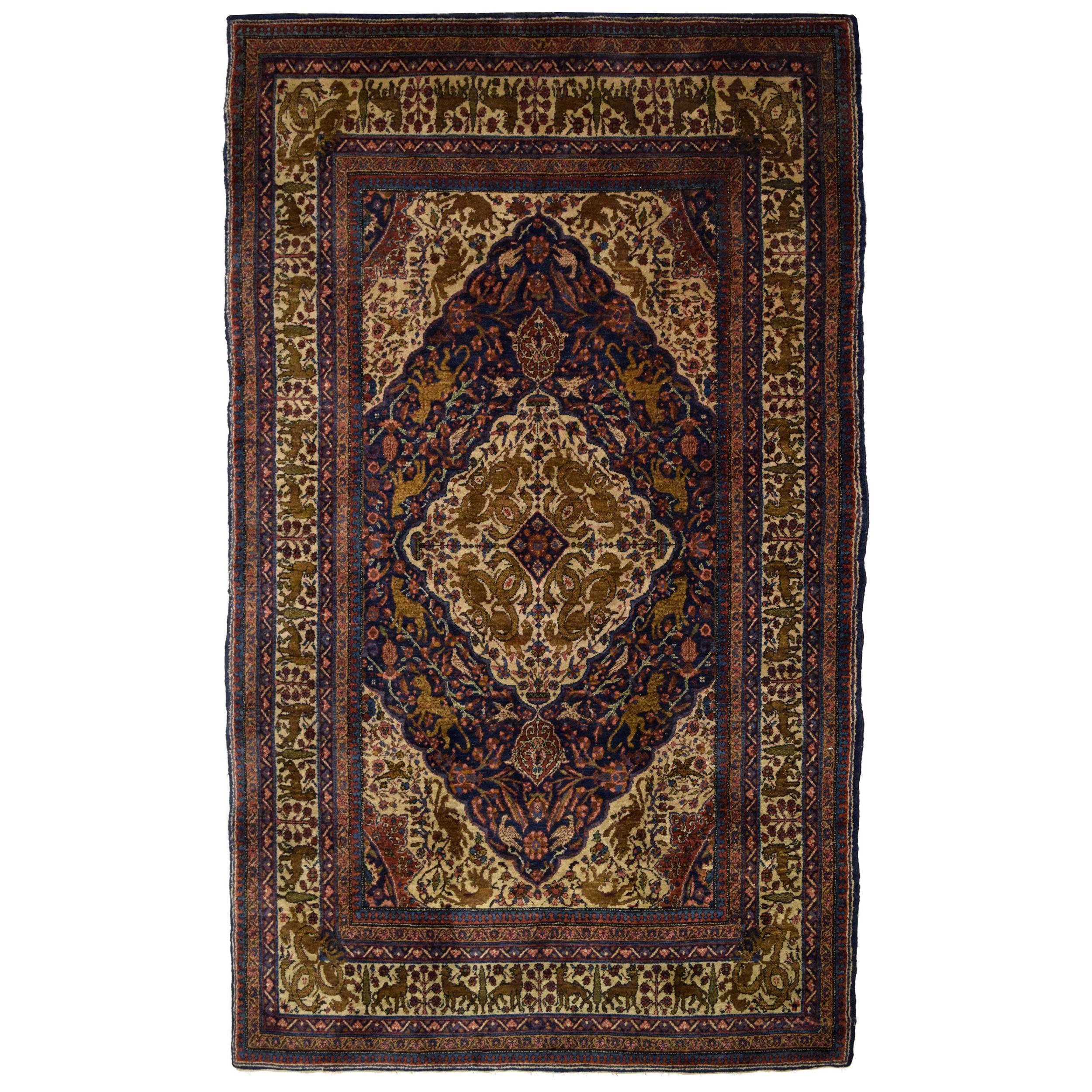 Antique 1900s Wool Persian Khoy Rug in Cream, Green, and Indigo, 5' x 8' For Sale