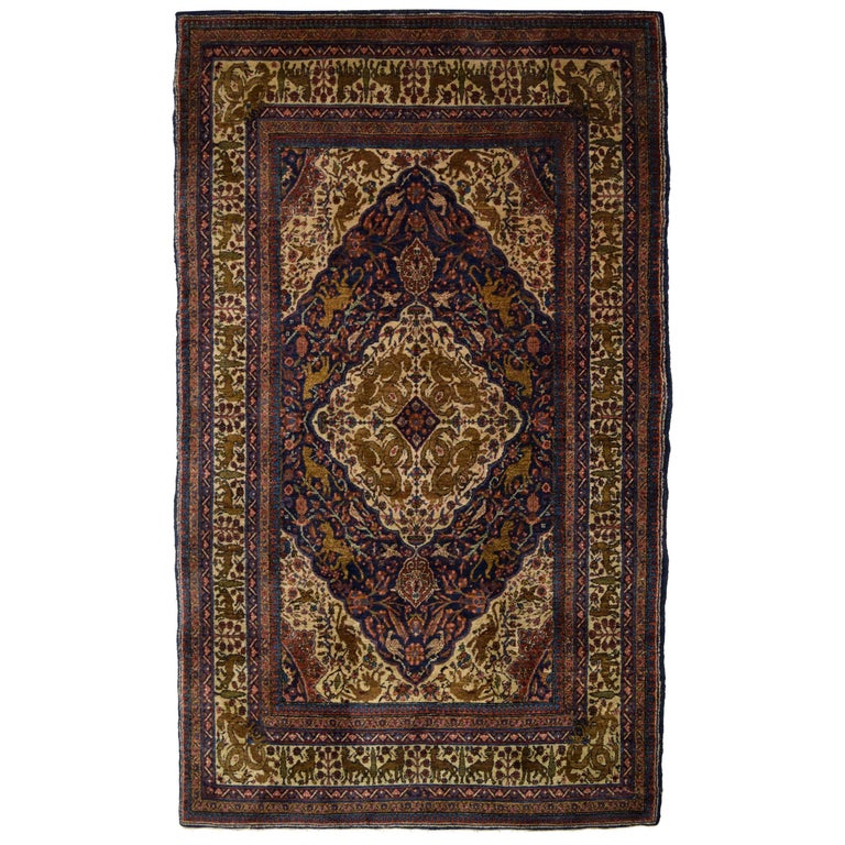 Antique Persian Khoy Carpet in Cream, Green, and Indigo Wool For Sale
