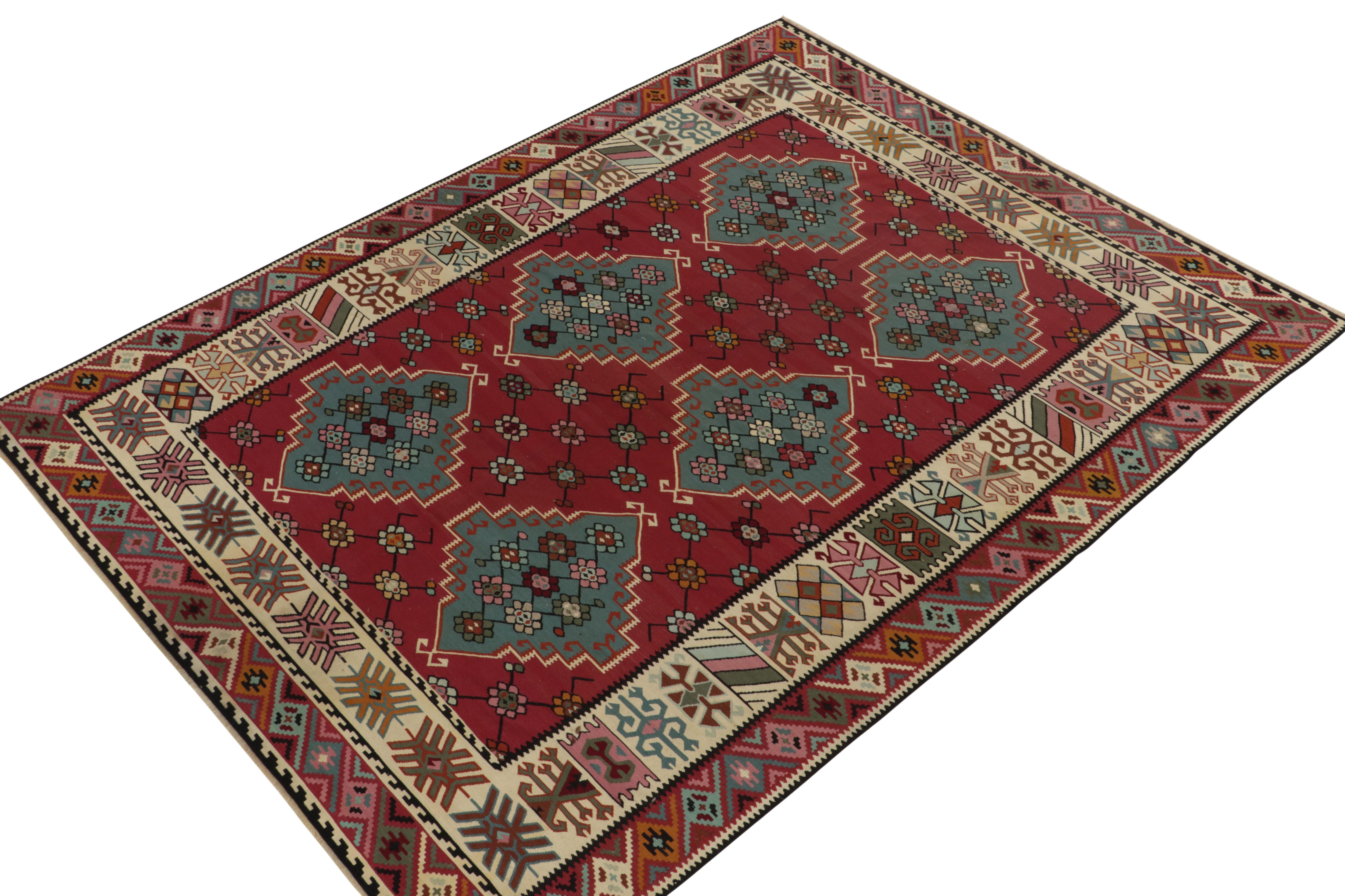 Handwoven in wool, this antique Kilim is the latest unveiled from R&K Principal Josh Nazmiyal’s coveted classic flat weaves. 

Handwoven in wool circa 1890-1900, this Basra-style rug features a tasteful marriage of oriental influences in its pattern
