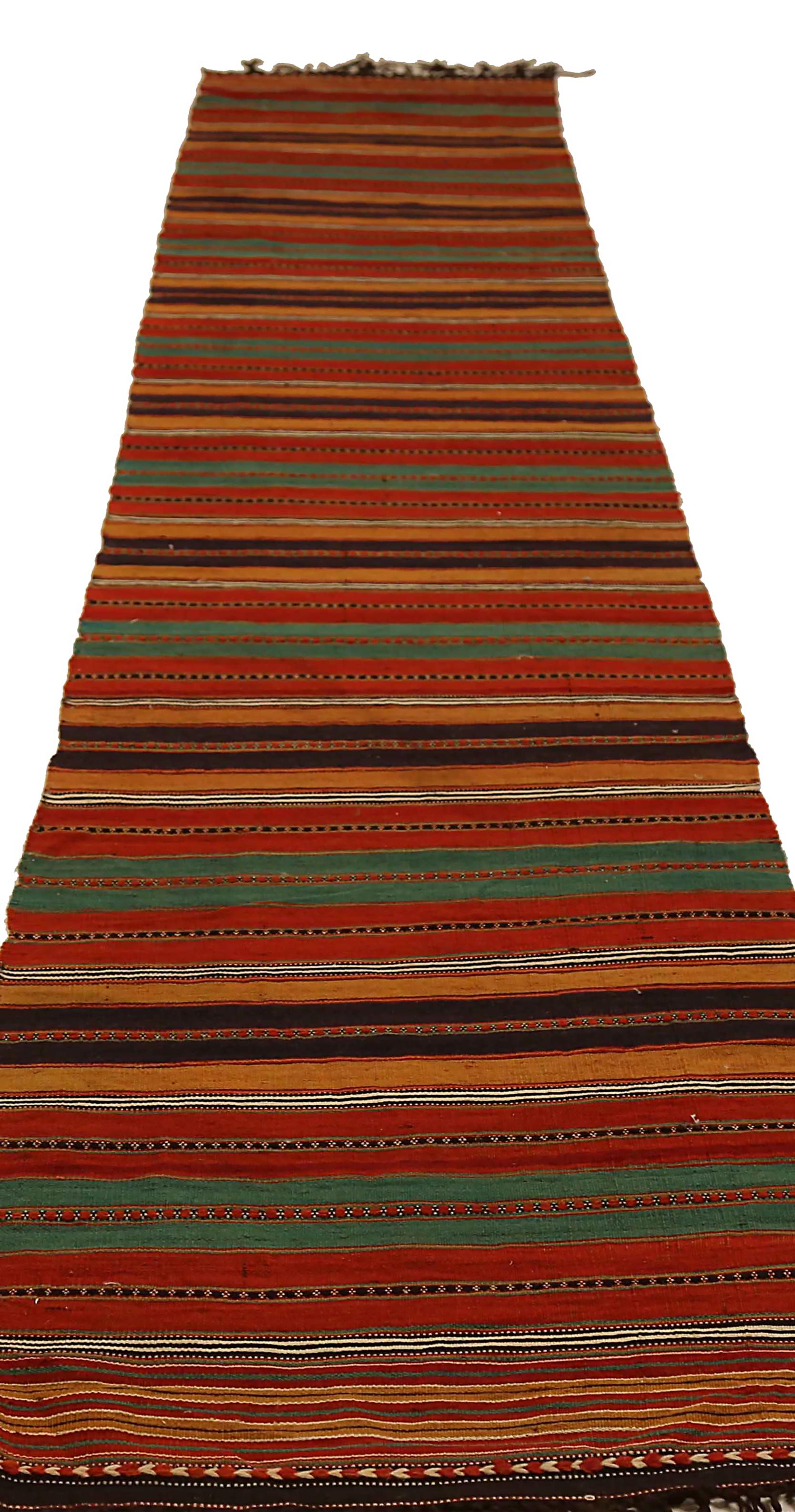 Antique handmade Persian runner rug from high quality sheep’s wool and colored with eco-friendly vegetable dyes that are proven safe for humans and pets alike. It’s a Classic Kilim design showcasing colored stripes. It’s a lovely piece that should