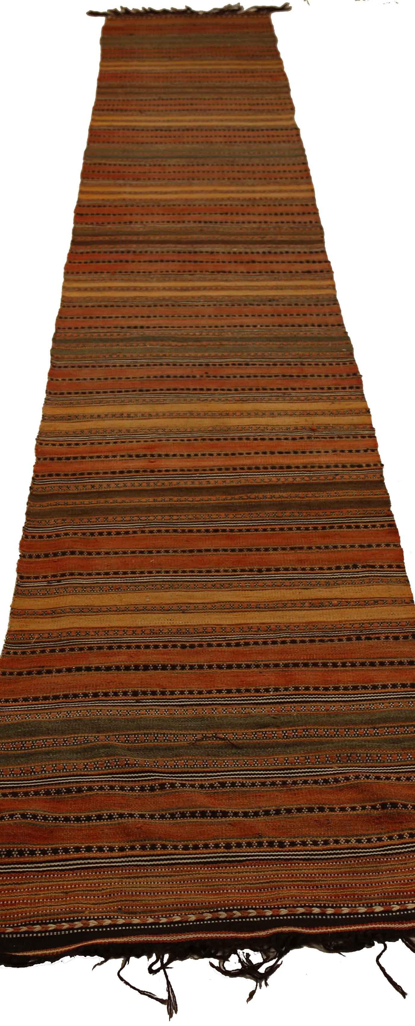 Antique handmade Persian runner rug from high quality sheep’s wool and colored with eco-friendly vegetable dyes that are proven safe for humans and pets alike. It’s a Classic Kilim design showcasing rust and orange stripes on a regal brown field.