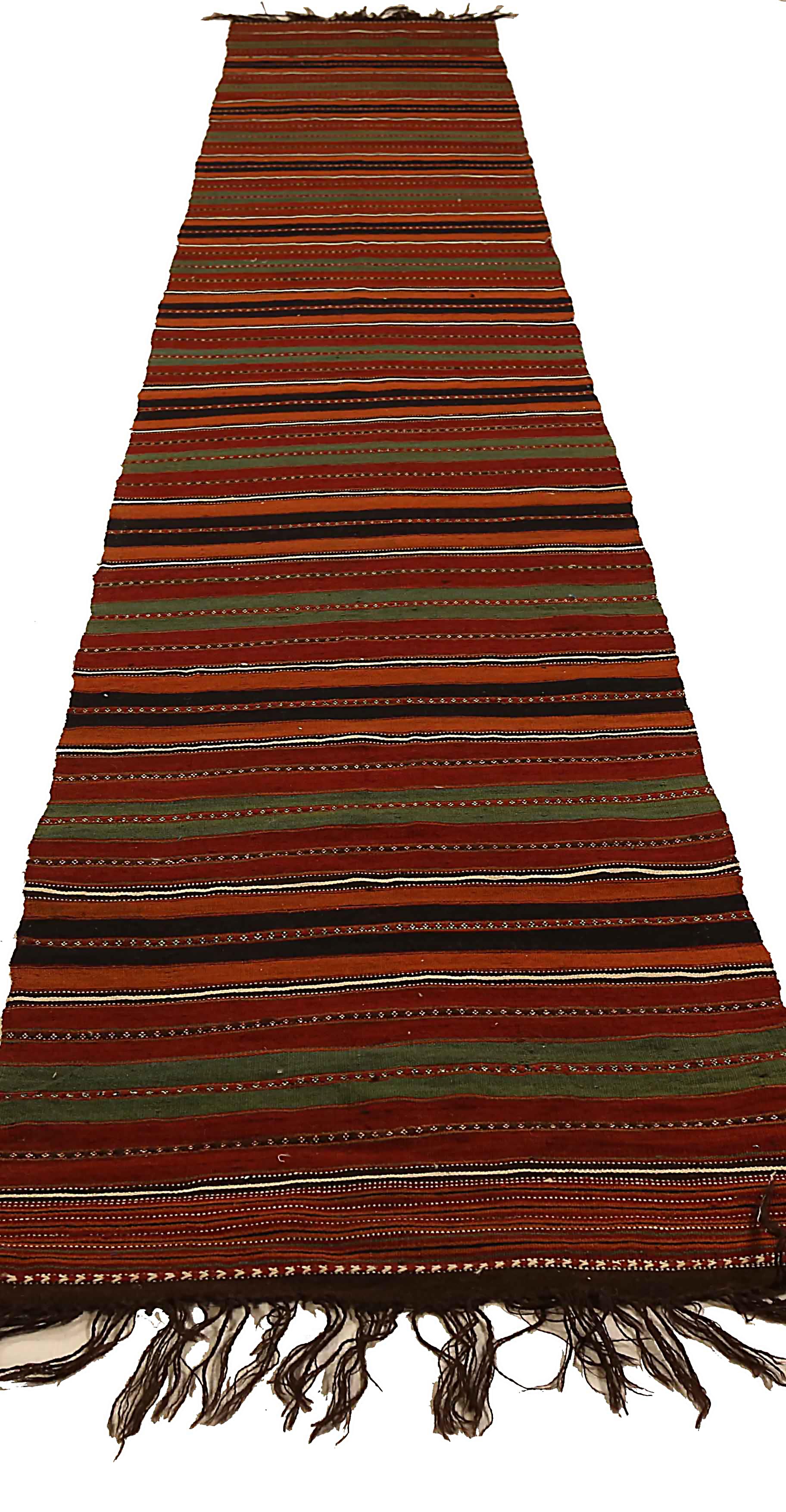 Antique handmade Persian runner rug from high quality sheep’s wool and colored with eco-friendly vegetable dyes that are proven safe for humans and pets alike. It’s a Classic Kilim design showcasing colored stripes on a regal brown/red field. It’s a