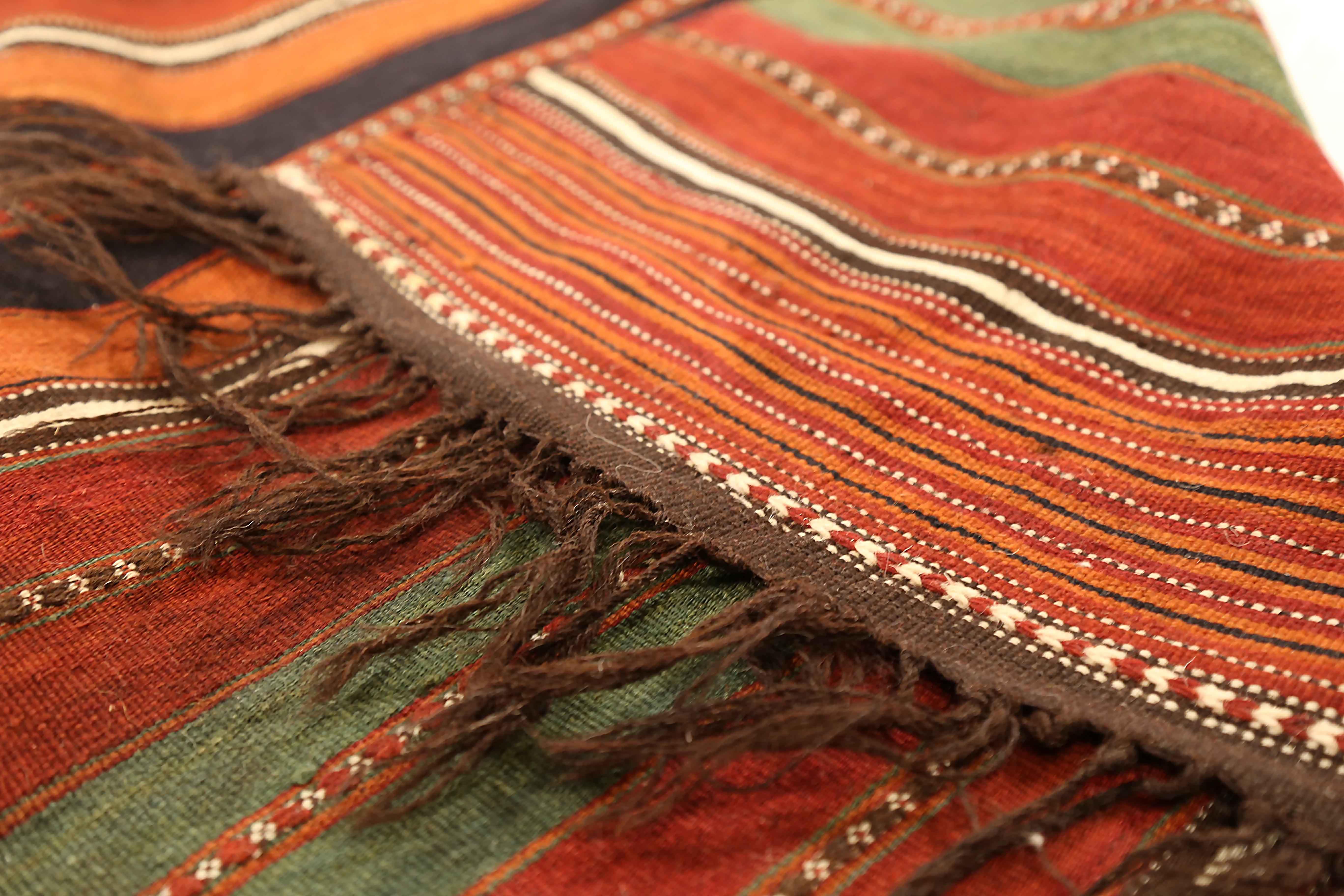 Antique Persian Kilim Runner Rug with Colored Stripes on Brown/Red Field In Excellent Condition For Sale In Dallas, TX
