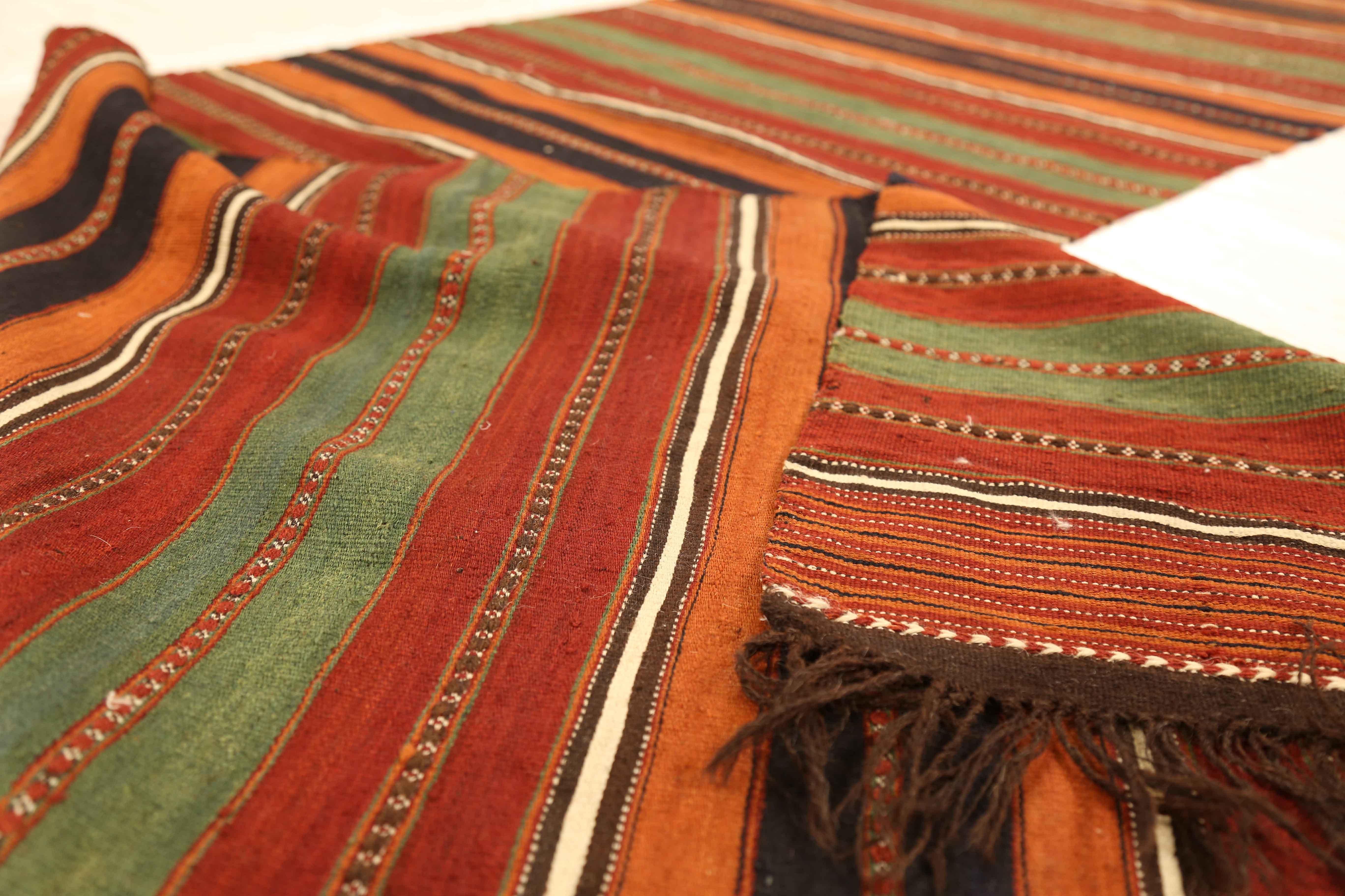 Antique Persian Kilim Runner Rug with Colored Stripes on Red/Brown Field In Excellent Condition For Sale In Dallas, TX