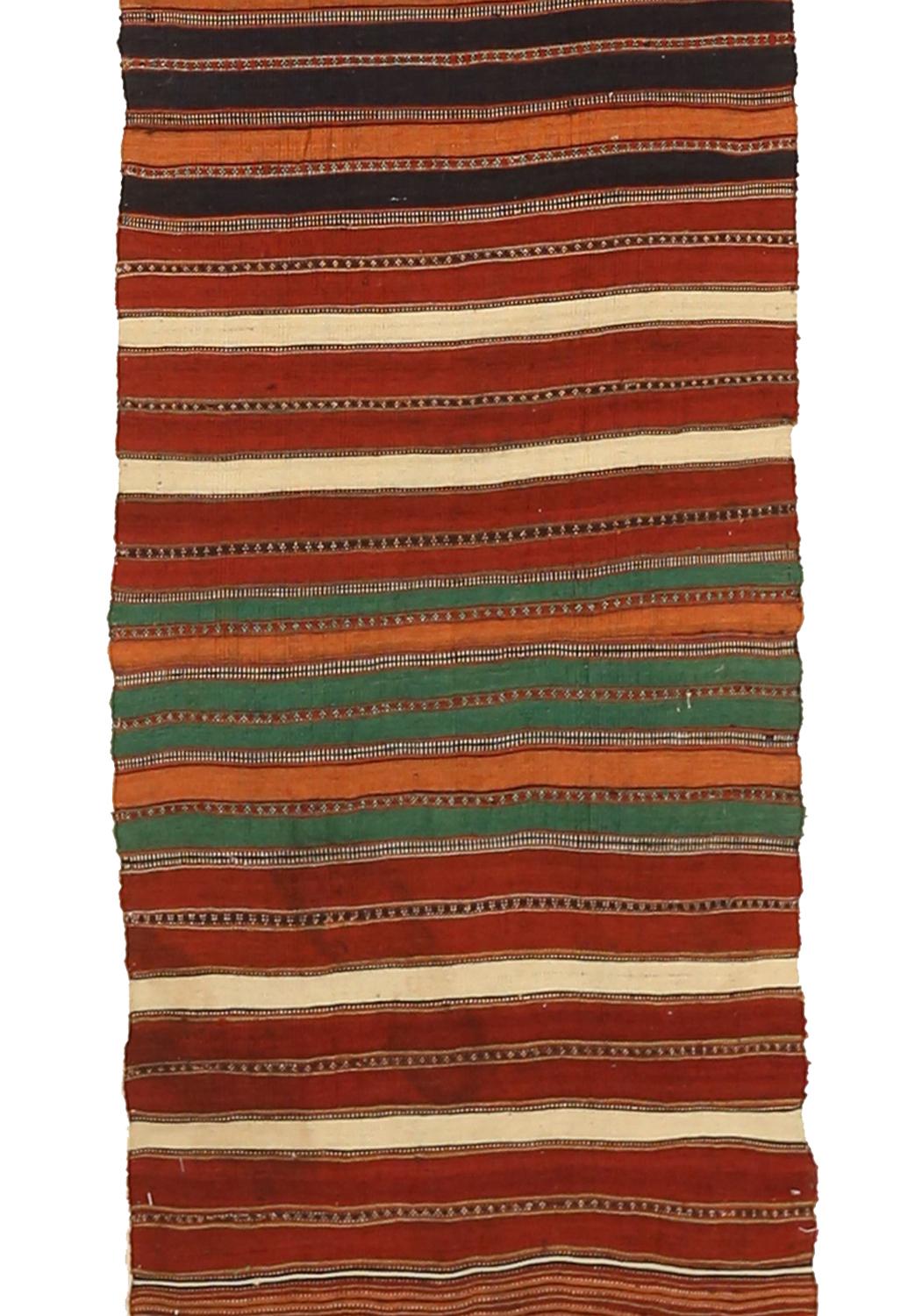 Hand-Woven Antique Persian Kilim Runner Rug with Stripes on Red/Brown Field For Sale