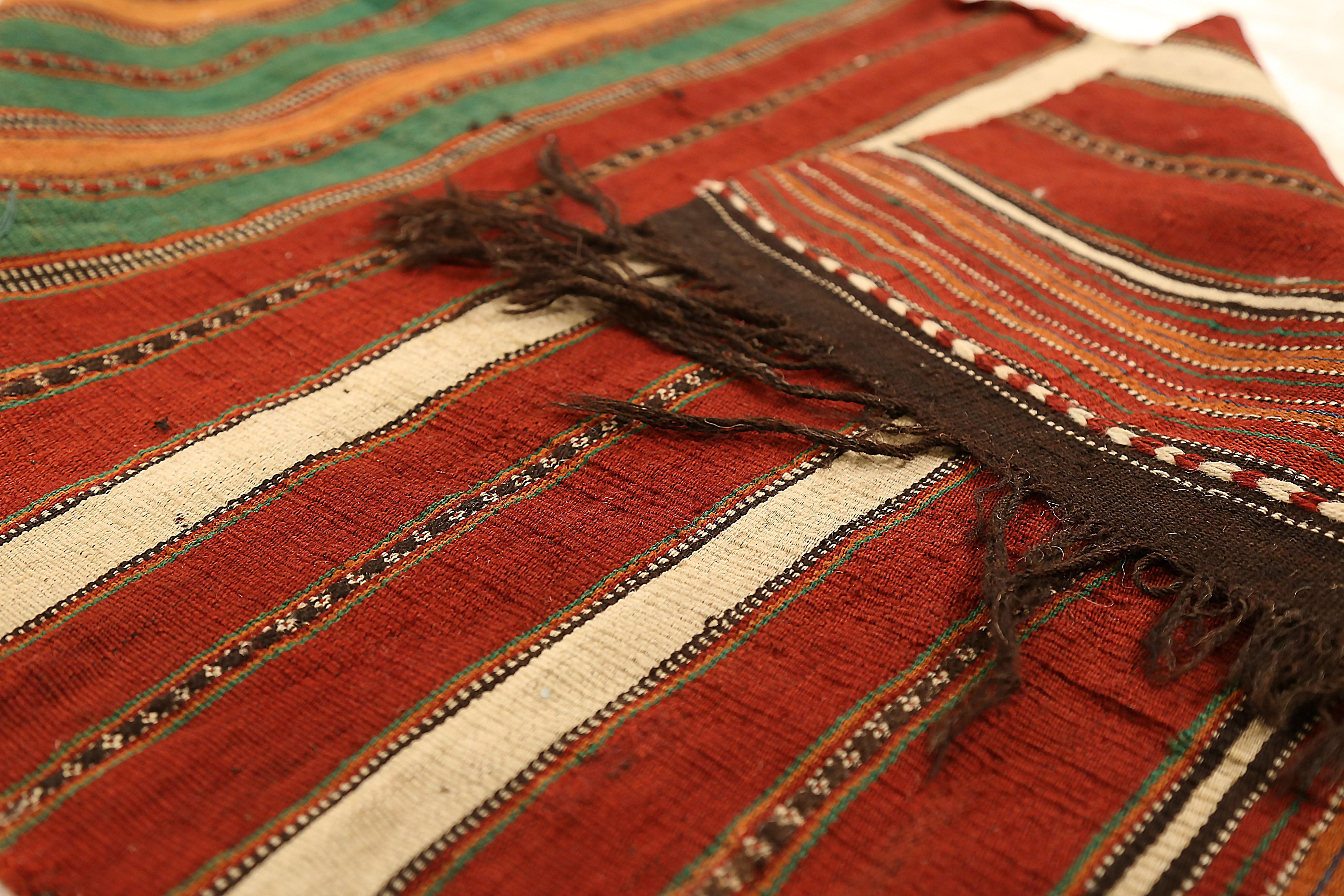 Antique Persian Kilim Runner Rug with Stripes on Red/Brown Field In Excellent Condition For Sale In Dallas, TX