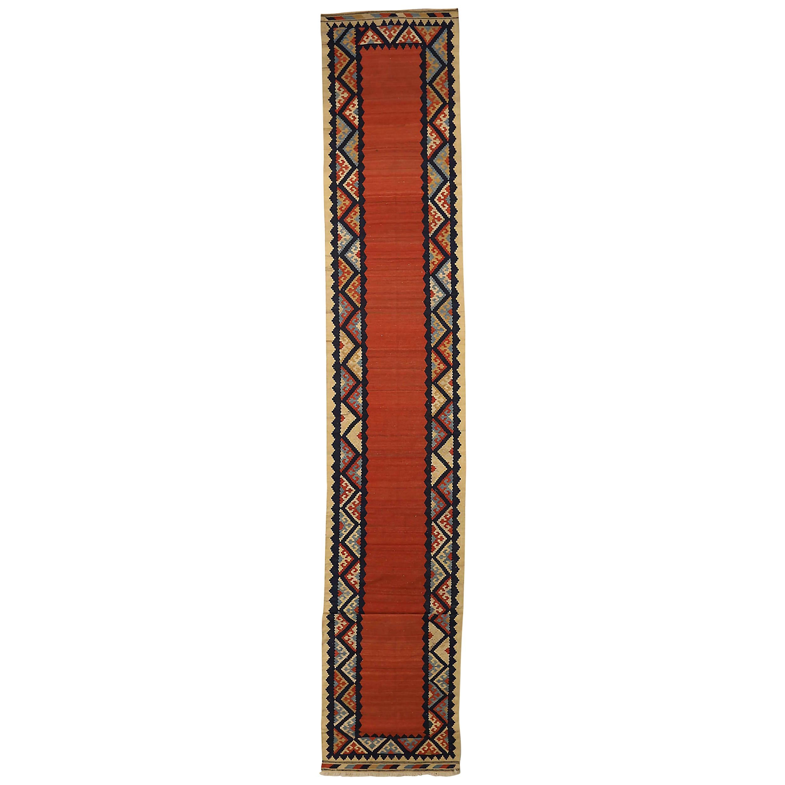 Antique Persian Kilim Runner Rug with Tribal Details on Red/Orange Field
