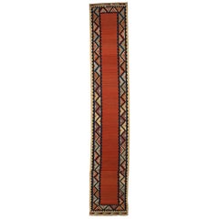 Antique Persian Kilim Runner Rug with Tribal Details on Red/Orange Field