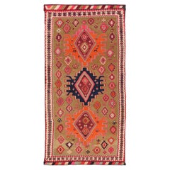 Antique Persian Kilim with Bold Geometric Medallions With Red and Orange 5'3 x11