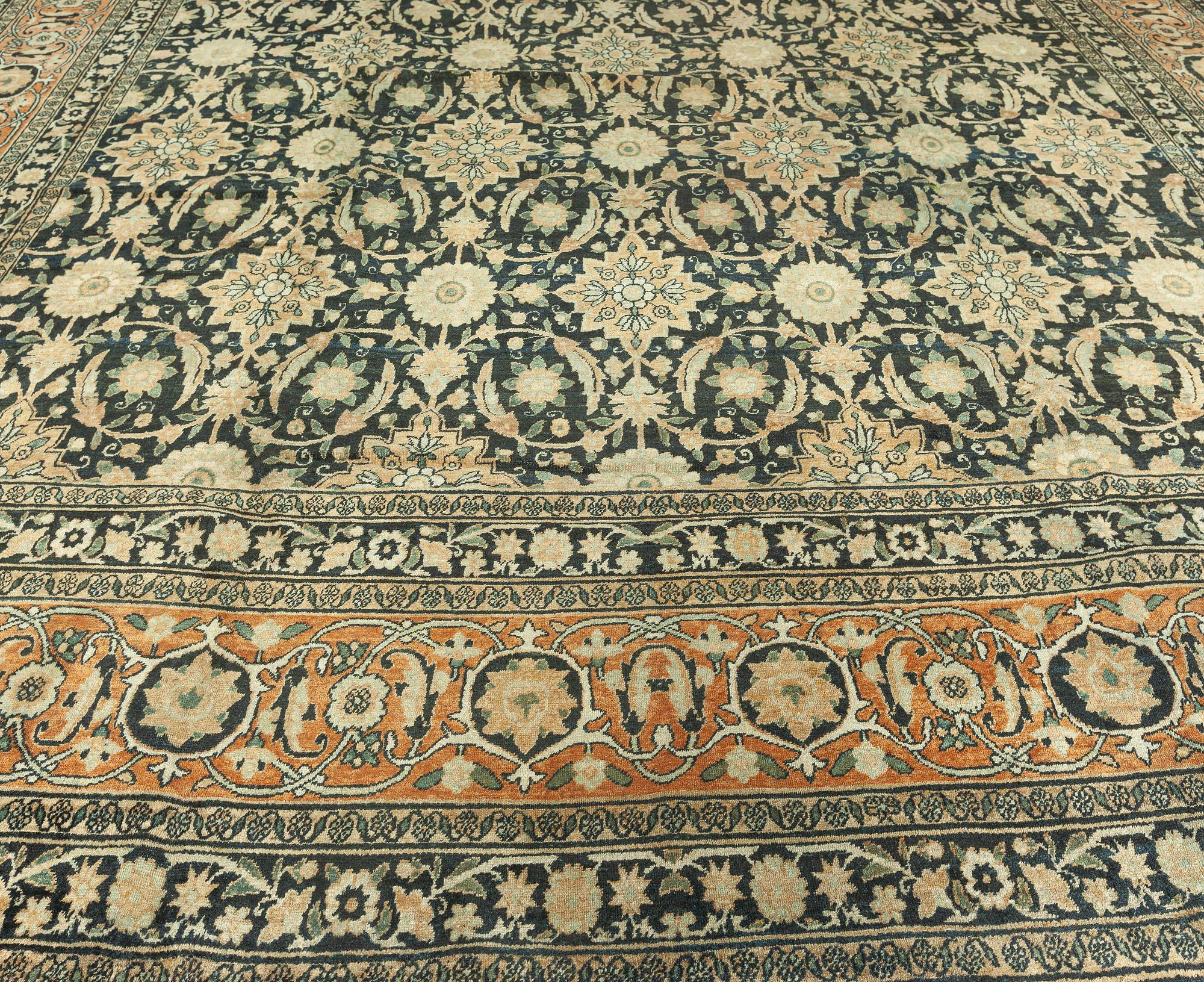 Hand-Knotted Antique Persian Kirman Botanic Handmade Wool Rug For Sale