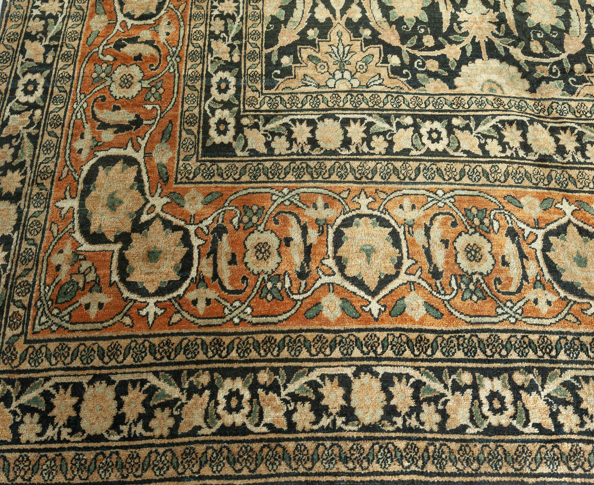 19th Century Antique Persian Kirman Botanic Handmade Wool Rug For Sale