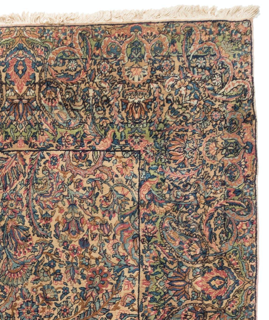 Antique Rose Blue Green Ivory Beige Floral Persian Kirman Rug In Good Condition For Sale In New York, NY