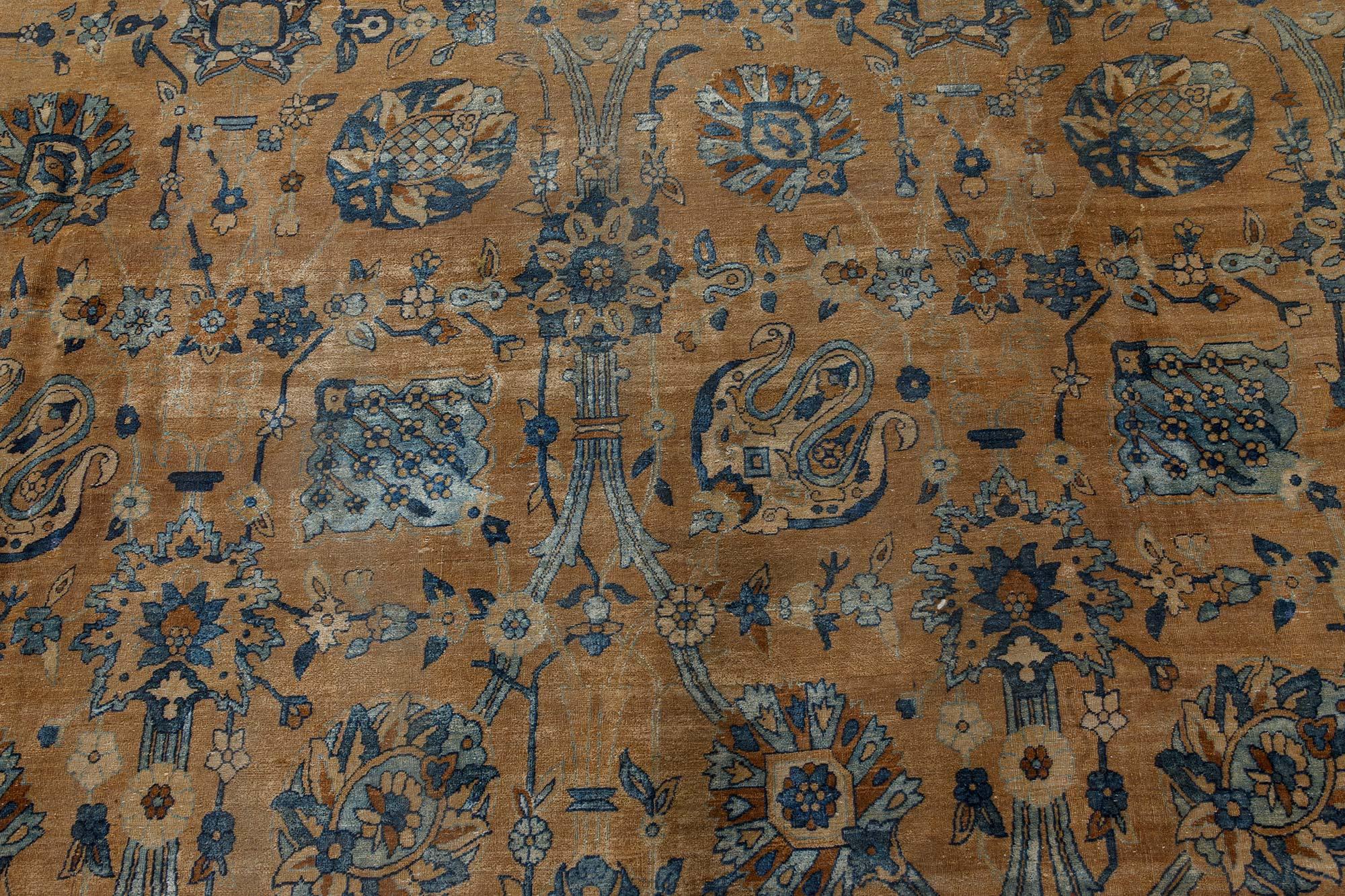 Hand-Knotted Antique Persian Kirman Botanic Handmade Wool Carpet For Sale