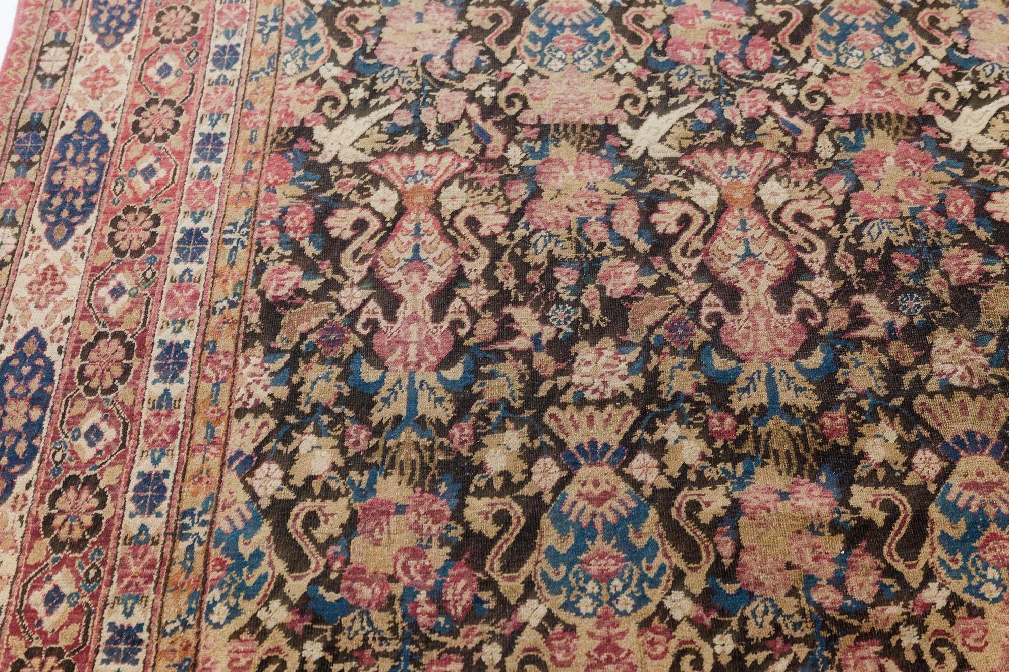 19th Century Persian Kirman Botanic Handmade Wool Rug In Good Condition For Sale In New York, NY