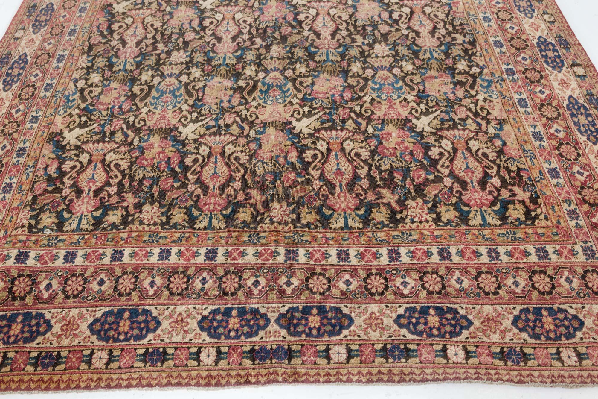 19th Century Persian Kirman Botanic Handmade Wool Rug For Sale 1