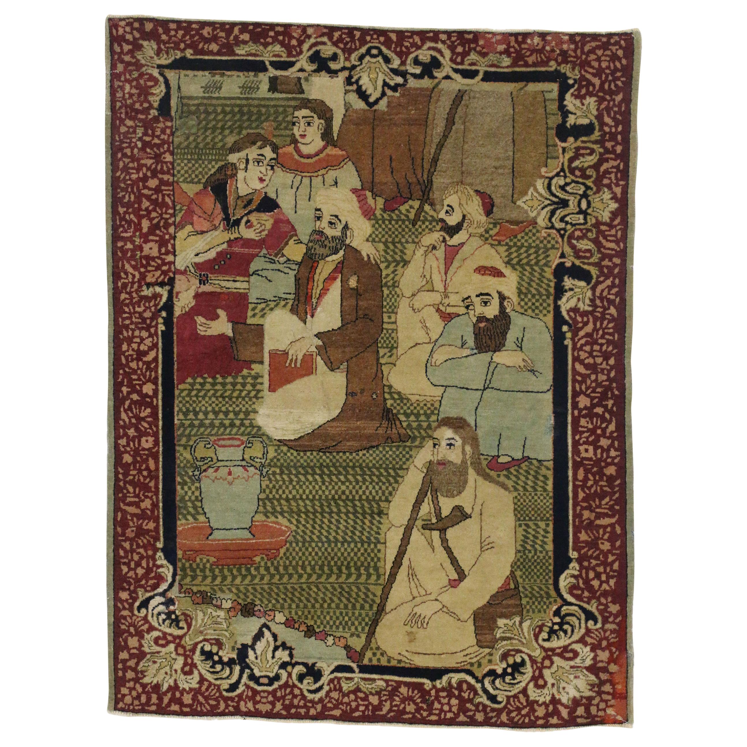 Antique Persian Kirman 'Kerman' Pictorial Rug, Persian Tapestry Wall Hanging