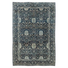 Antique Persian Kirman Navy Blue and Beige Handwoven Wool Rug